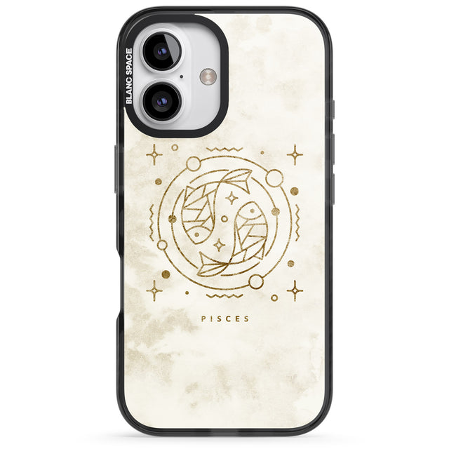 iPhone 16 Pro Max Pisces Emblem - Solid Gold Marbled Design Black Impact Phone Case