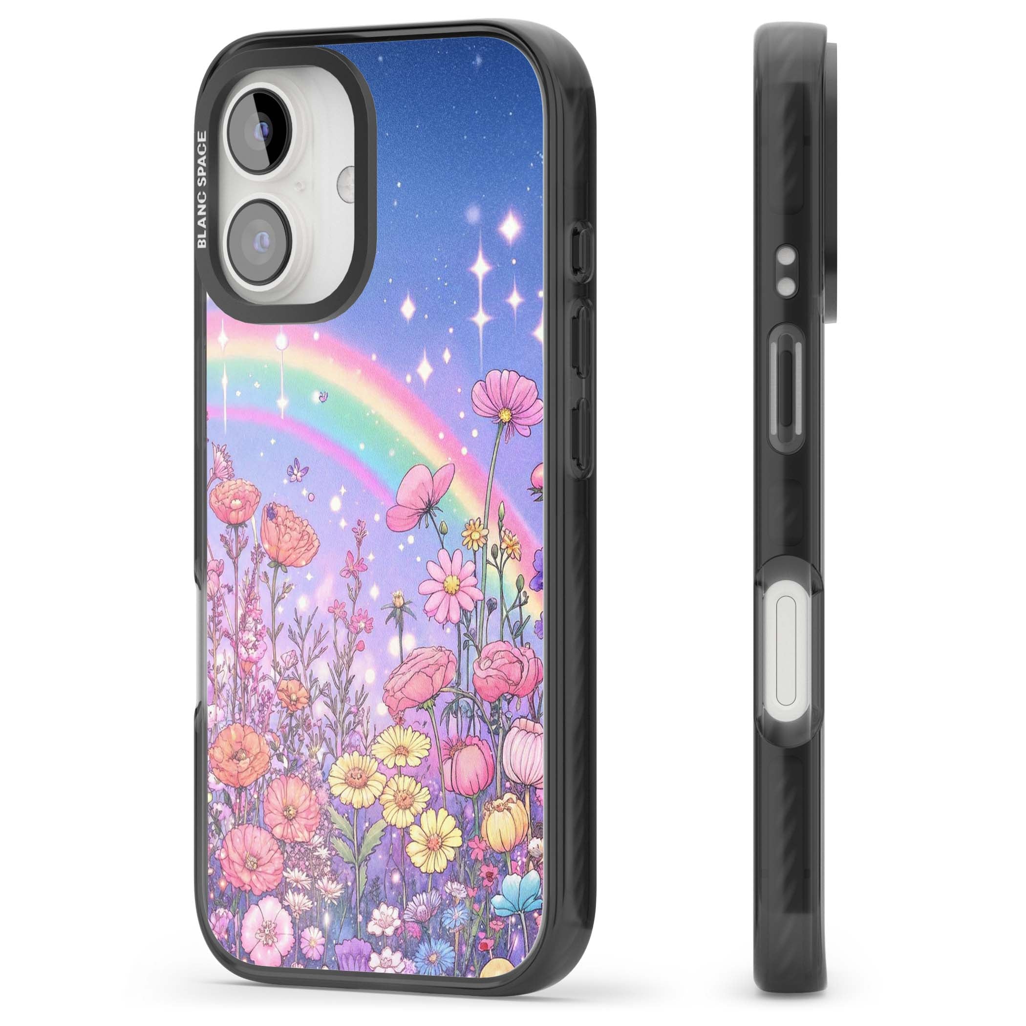 Magical Meadow fairycore iPhone case featuring a pastel rainbow, sparkling stars and a wildflower meadow | Black Impact case for iPhone 16, iPhone 16 Plus
