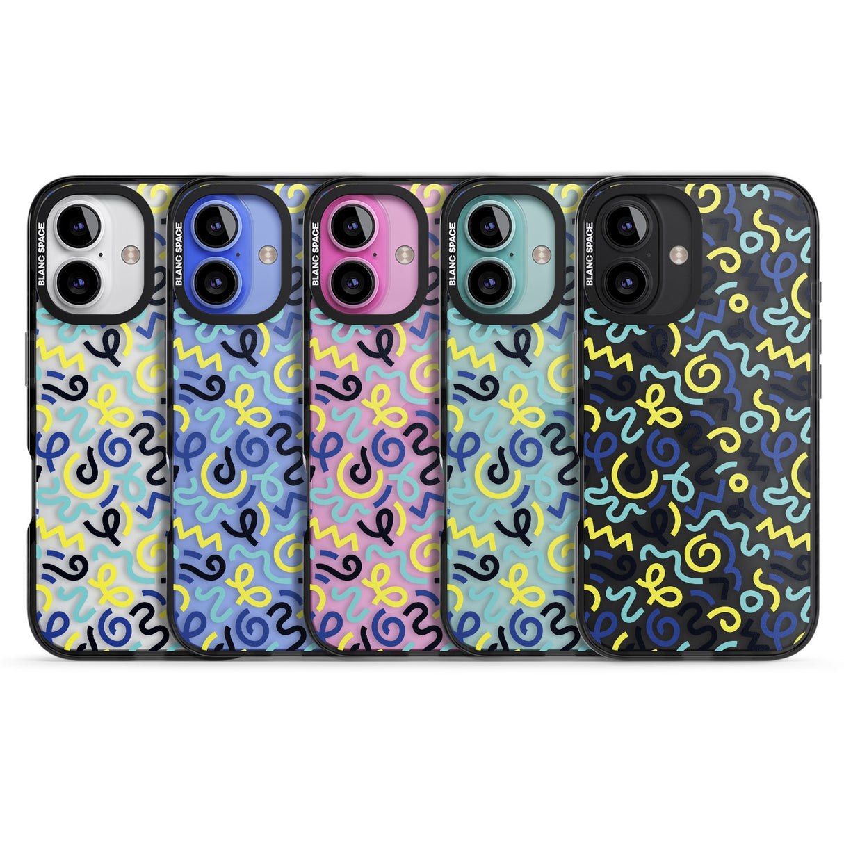 iPhone 16 Pro Max Blue & Yellow Shapes Memphis Retro Pattern Design Black Impact Phone Case