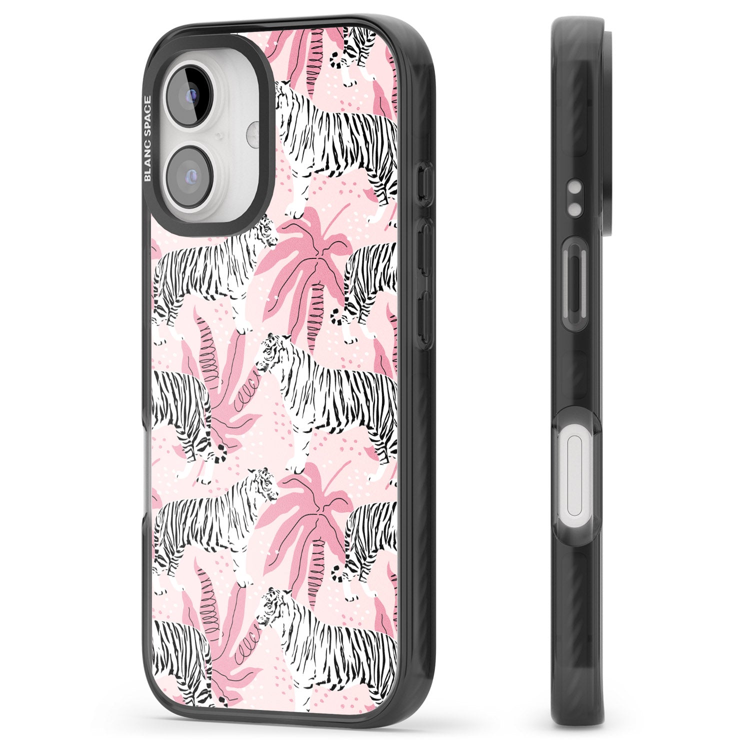 iPhone 16 Pro Max White Tigers on Pink Pattern Black Impact Phone Case