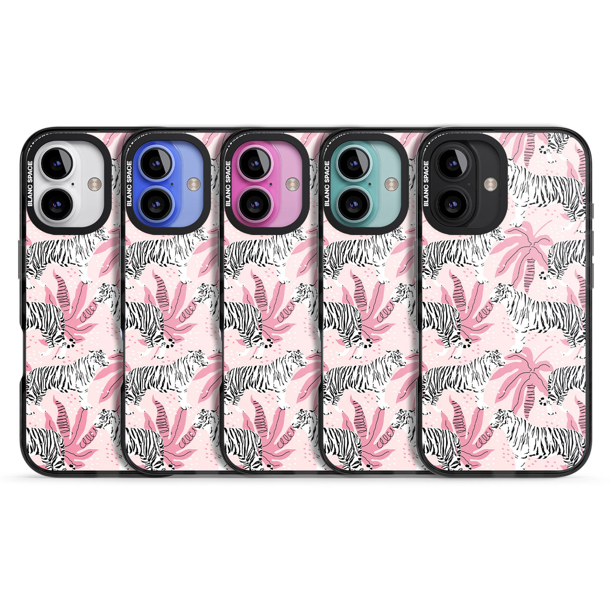 iPhone 16 Pro Max White Tigers on Pink Pattern Black Impact Phone Case