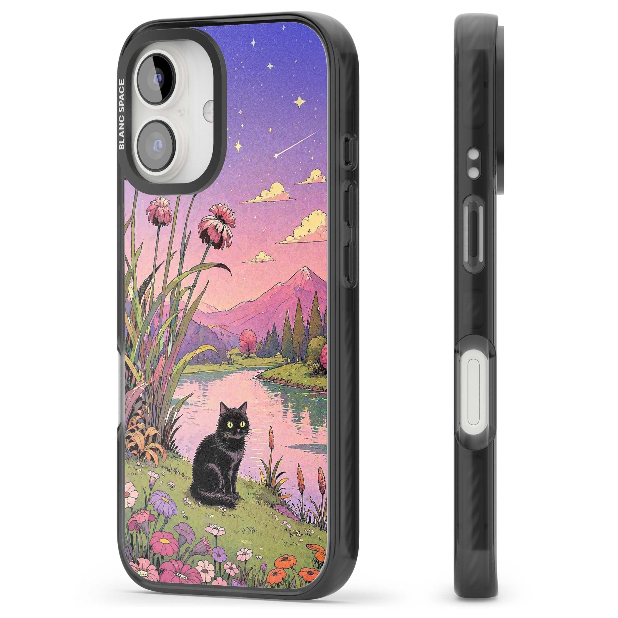 Mystic Whiskers ghibli iPhone case featuring a black cat by a pastel lake, wildflowers and a starry sunset sky | Black Impact case for iPhone 16, iPhone 16 Plus