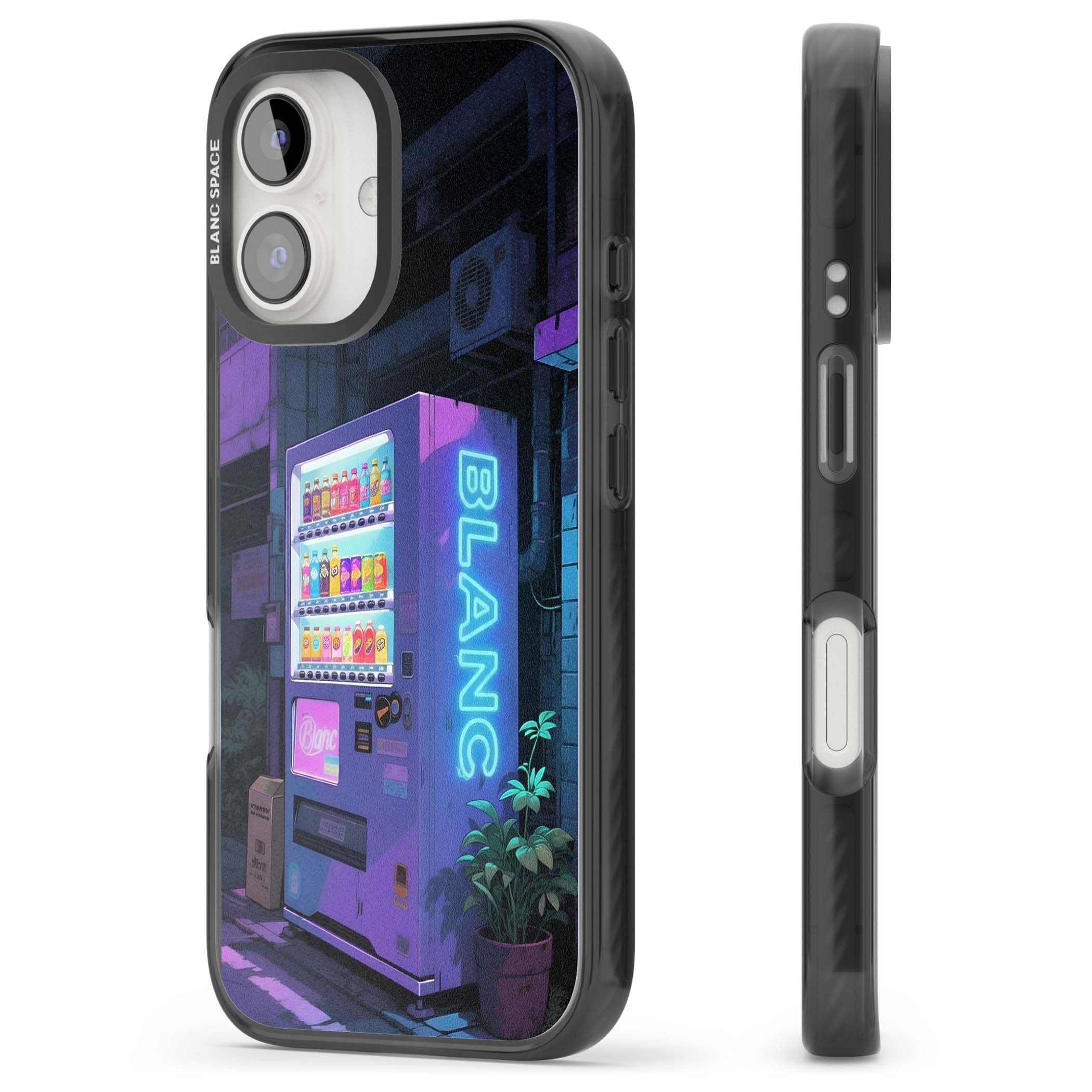 Shibuya Glow Japanese iPhone case featuring a glowing Tokyo vending machine, neon signage, and moody purple alleyway | Black Impact case for iPhone 16, iPhone 16 Plus