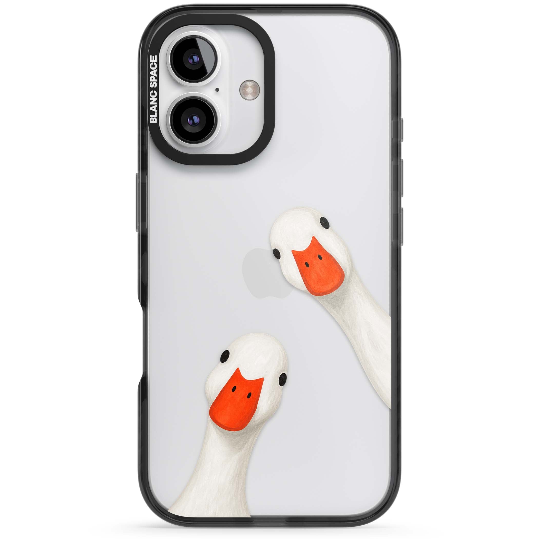 Nosy Ducks cottagecore iPhone case featuring two peeking white ducks with orange beaks on a clear background | Black Impact case for iPhone 16, iPhone 16 Plus