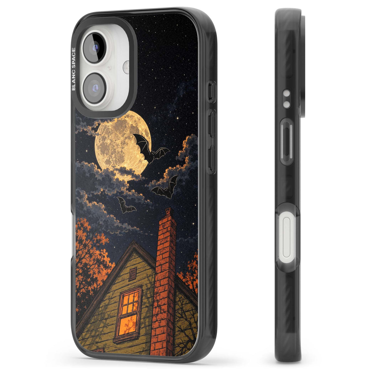 Hollows Eve Halloween iPhone case featuring a haunted house, full moon and flying bats against a starry autumn sky | Black Impact case for iPhone 16, iPhone 16 Plus