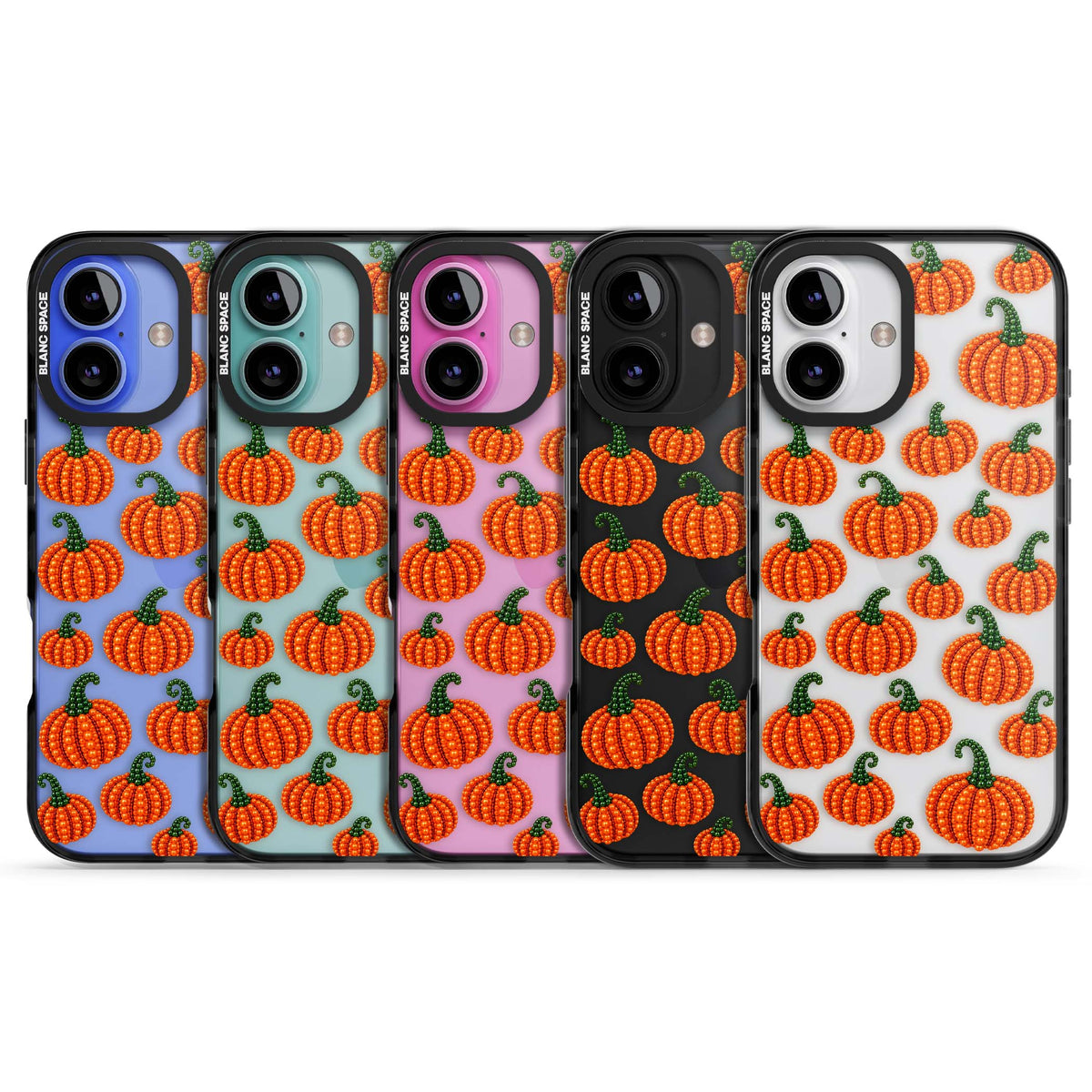 Beaded Pumpkins halloween iPhone case featuring beaded orange pumpkins with green stems on a clear background | Black Impact case for iPhone 16, iPhone 16 Plus