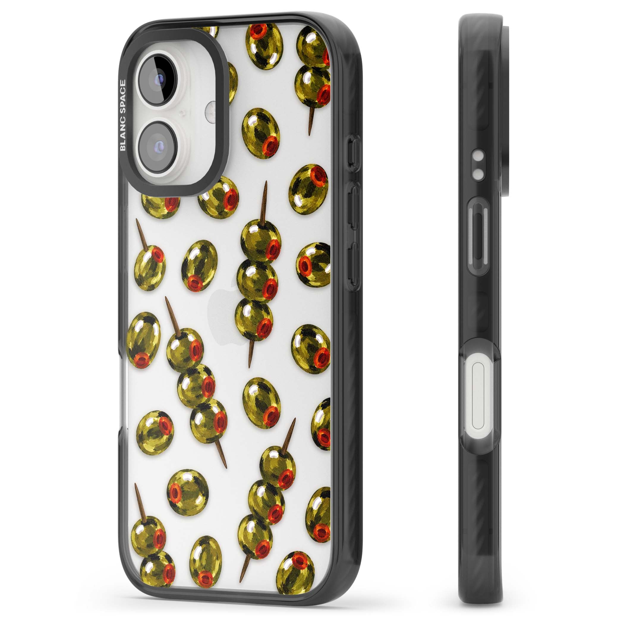 Painted Olives cocktail iPhone case featuring green olives, pimento centres and toothpick skewers on a clear background | Black Impact case for iPhone 16, iPhone 16 Plus