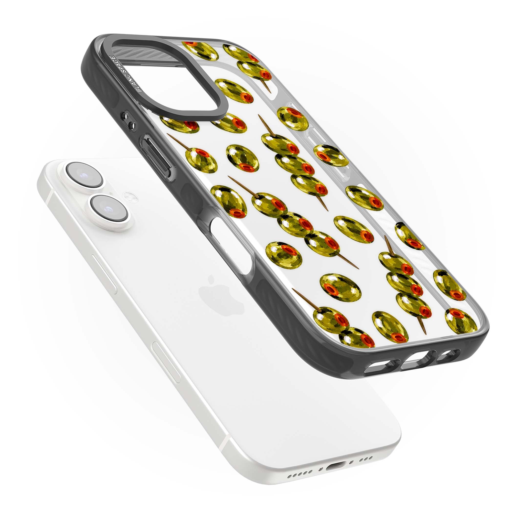 Painted Olives cocktail iPhone case featuring green olives, pimento centres and toothpick skewers on a clear background | Black Impact case for iPhone 16, iPhone 16 Plus