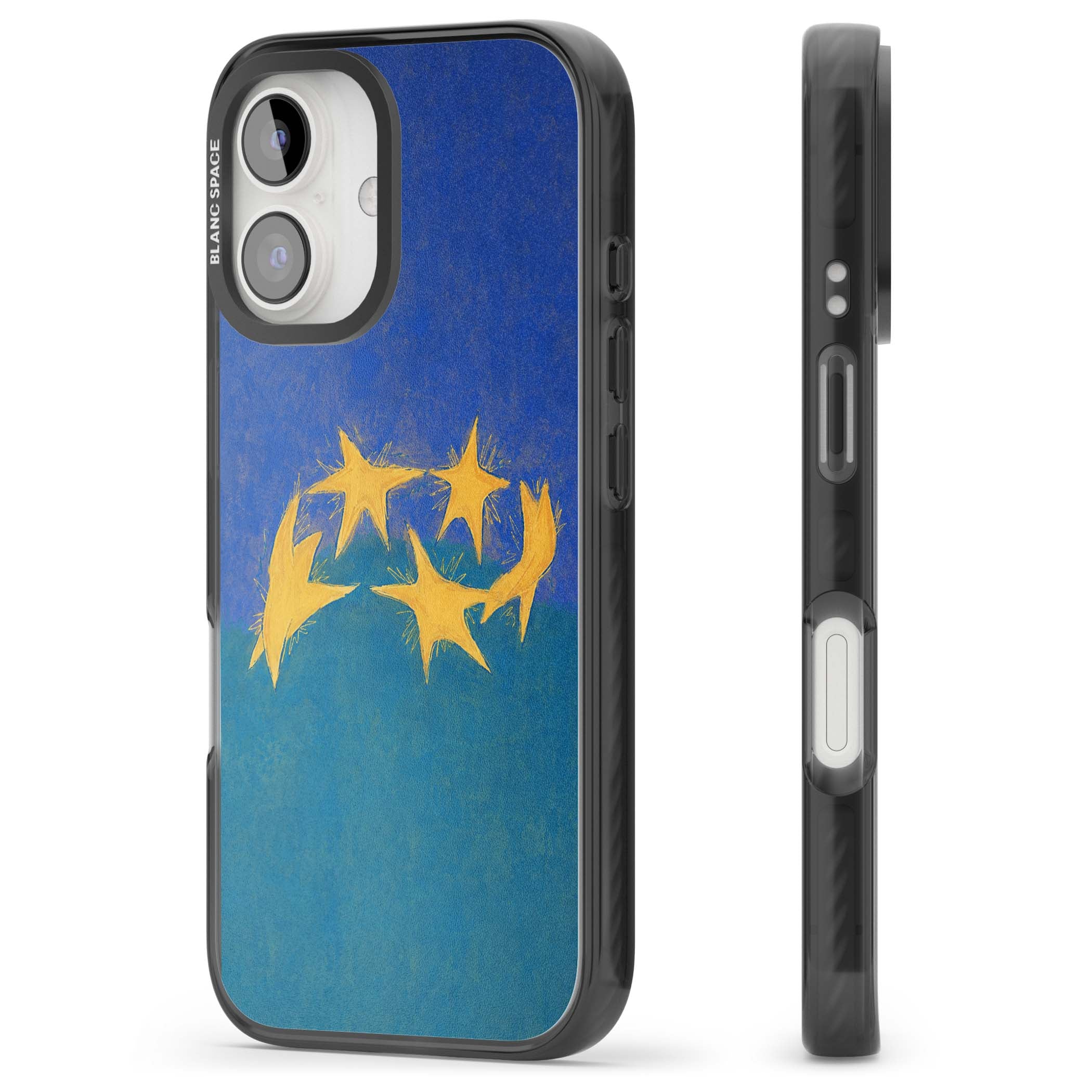 Star Boogie stars aesthetic iPhone case featuring five yellow hand-painted stars on cobalt blue and teal | Black Impact case for iPhone 16, iPhone 16 Plus