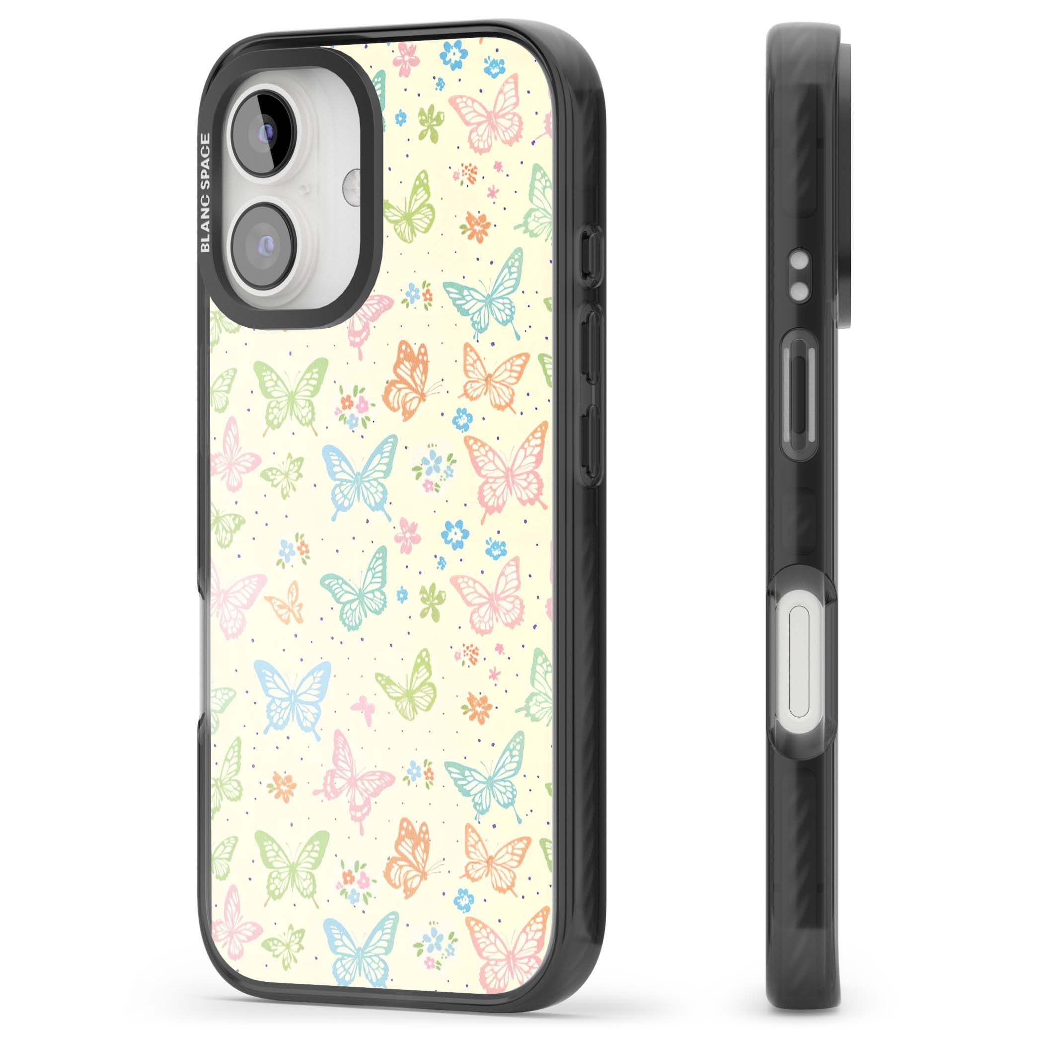 Sugar Wings cottagecore iPhone case featuring rainbow pastel butterflies, tiny wildflowers, and a cream background | Black Impact case for iPhone 16, iPhone 16 Plus
