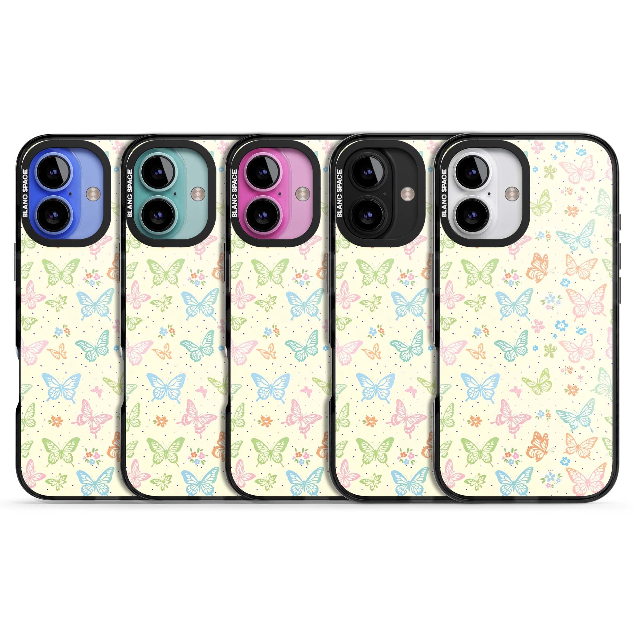 Sugar Wings cottagecore iPhone case featuring rainbow pastel butterflies, tiny wildflowers, and a cream background | Black Impact case for iPhone 16, iPhone 16 Plus