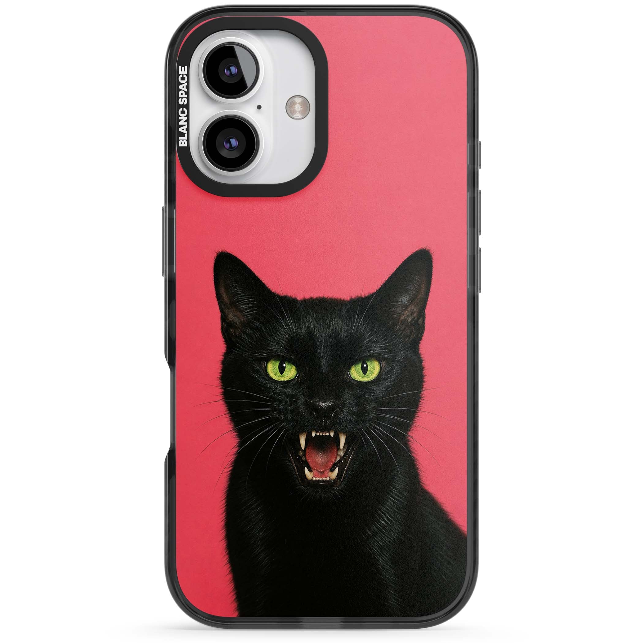 Hissin' Baddie black cat iPhone case featuring a hissing feline with green eyes on a hot pink background | Black Impact case for iPhone 16, iPhone 16 Plus