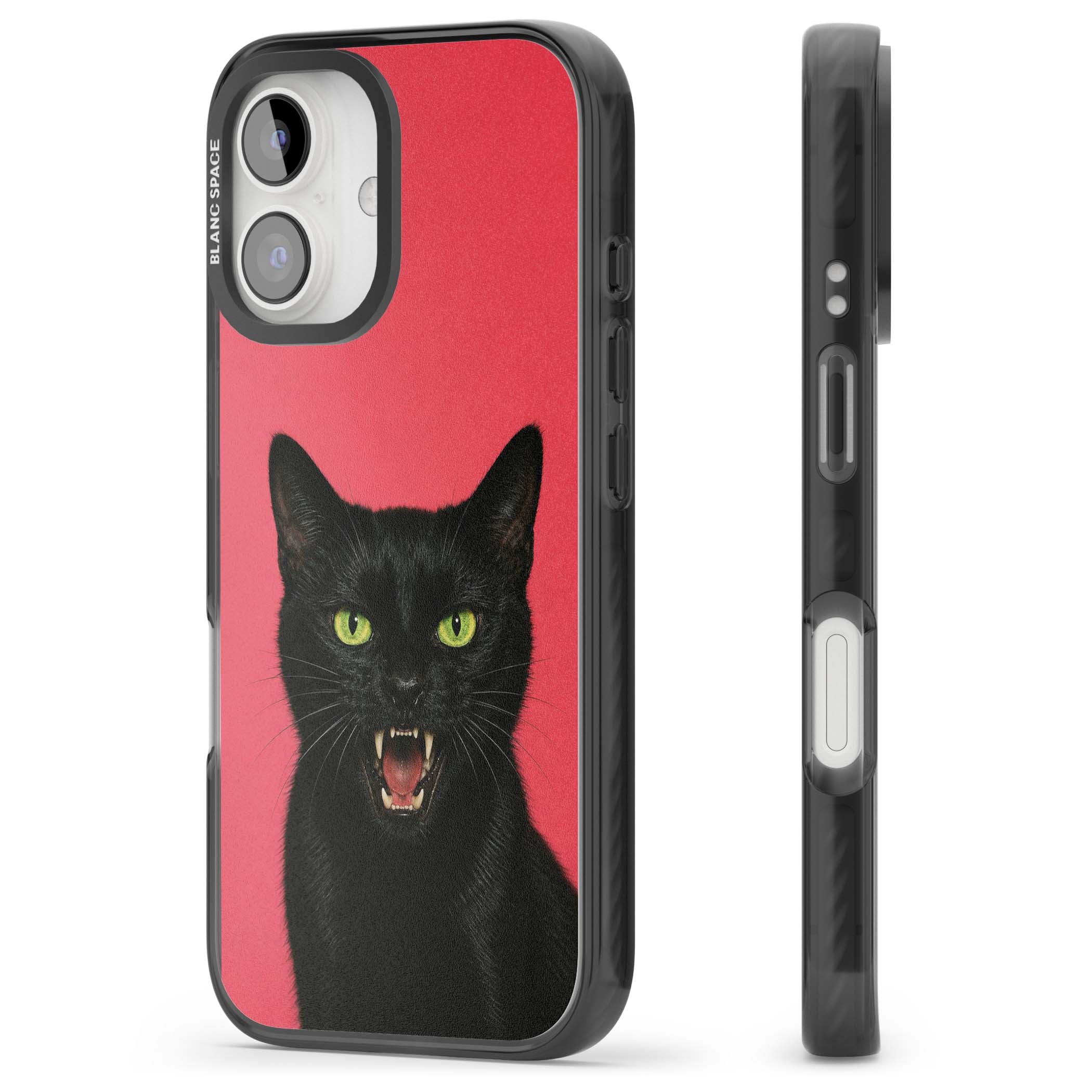 Hissin' Baddie black cat iPhone case featuring a hissing feline with green eyes on a hot pink background | Black Impact case for iPhone 16, iPhone 16 Plus