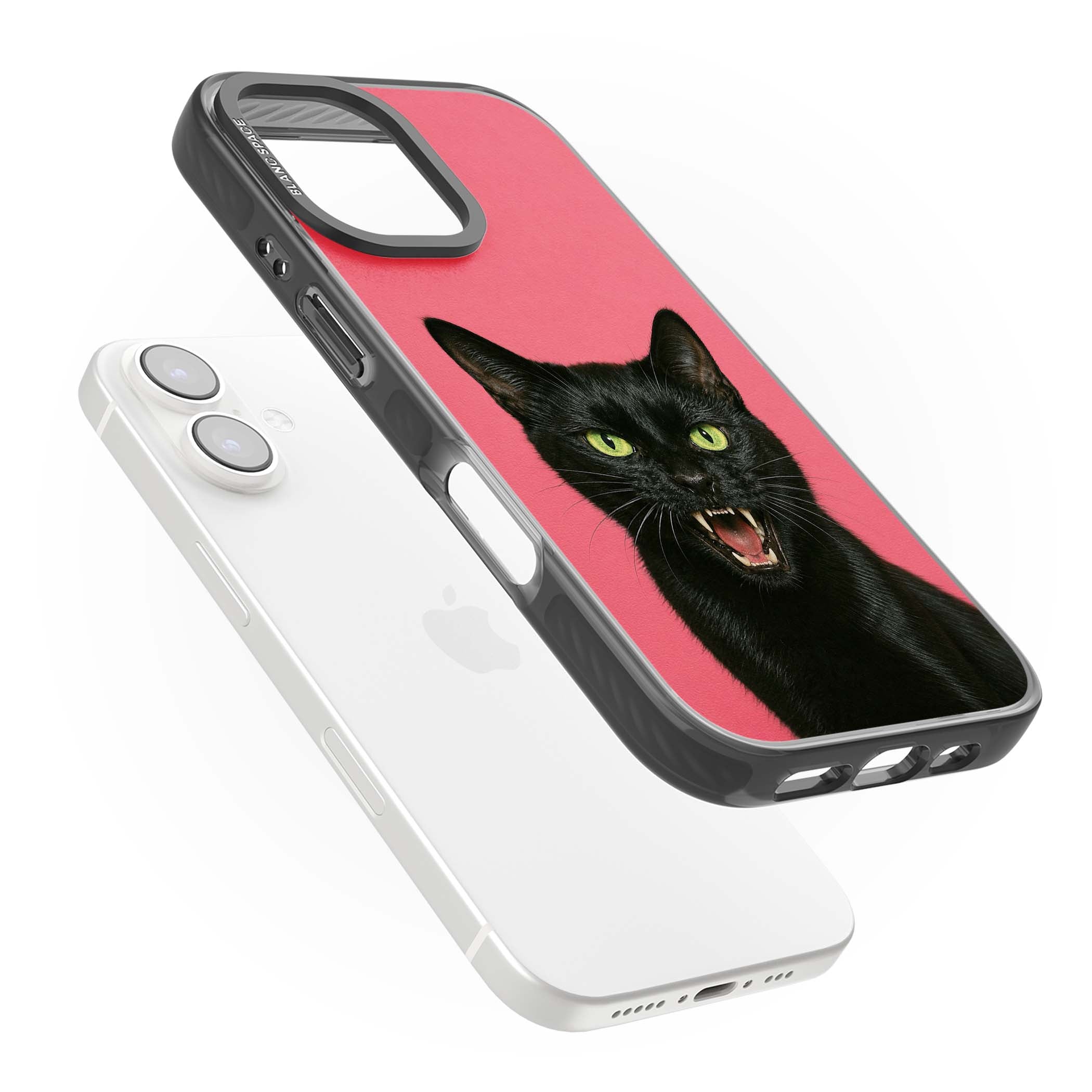 Hissin' Baddie black cat iPhone case featuring a hissing feline with green eyes on a hot pink background | Black Impact case for iPhone 16, iPhone 16 Plus