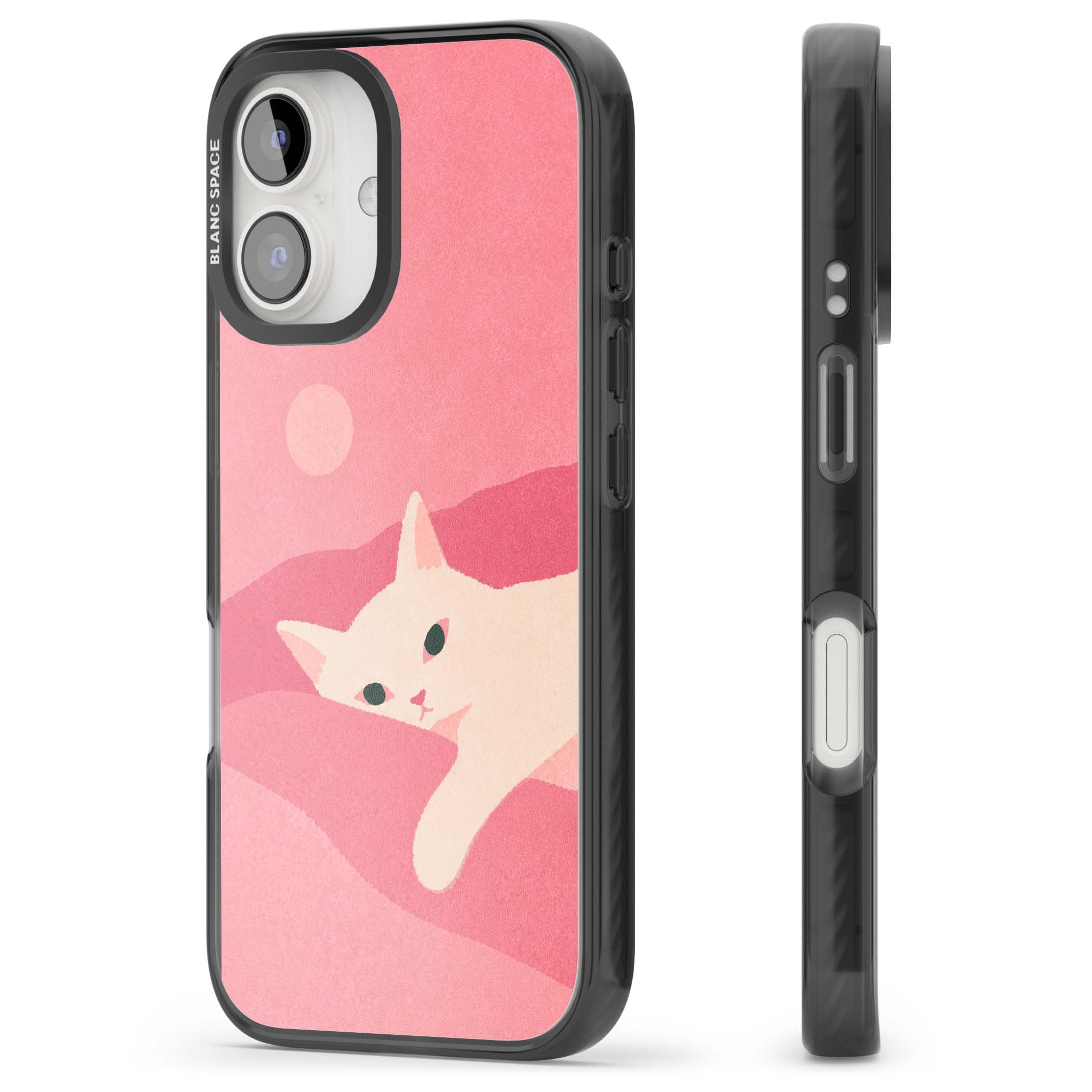 Pink Dreams cute cat iPhone case featuring a white kitten, soft pink hills and a pale pastel sun | Black Impact case for iPhone 16, iPhone 16 Plus