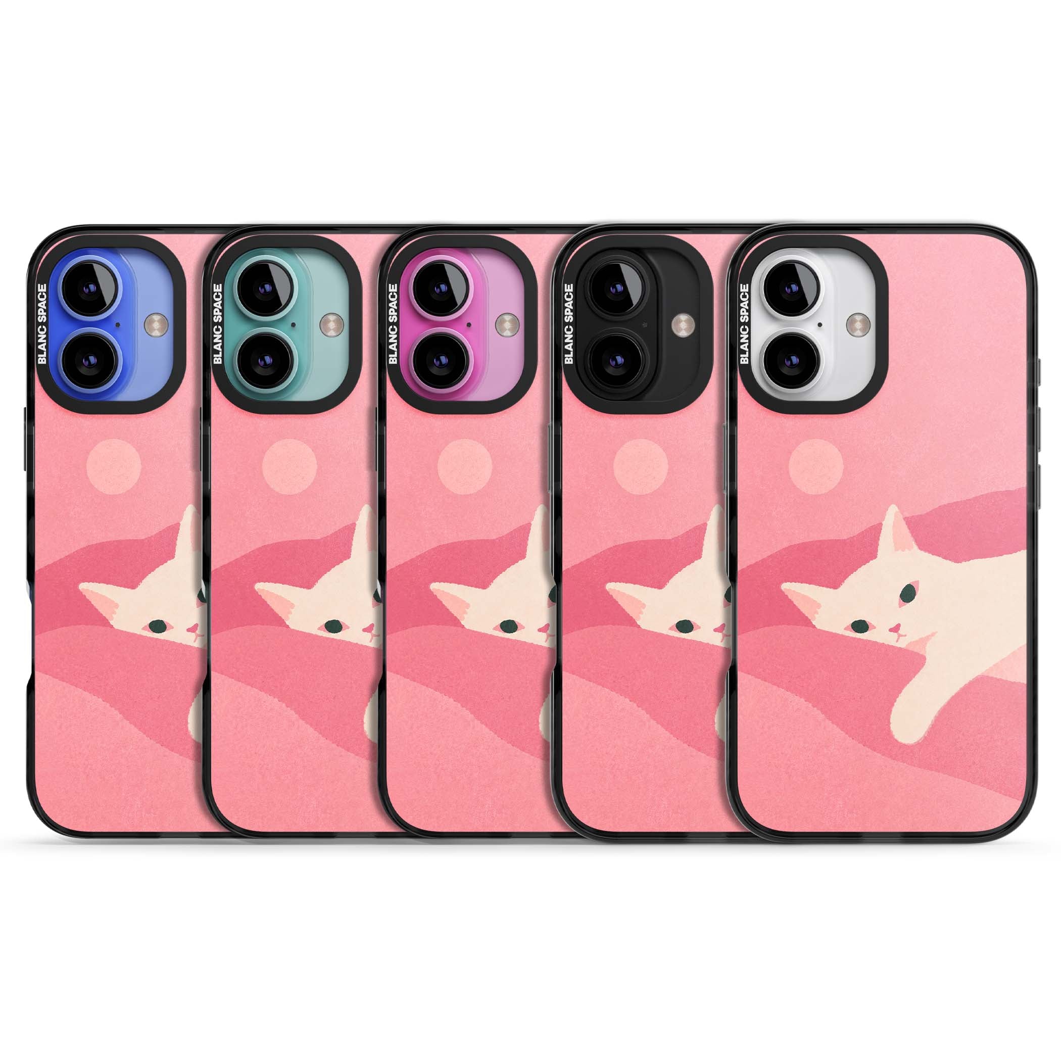 Pink Dreams cute cat iPhone case featuring a white kitten, soft pink hills and a pale pastel sun | Black Impact case for iPhone 16, iPhone 16 Plus