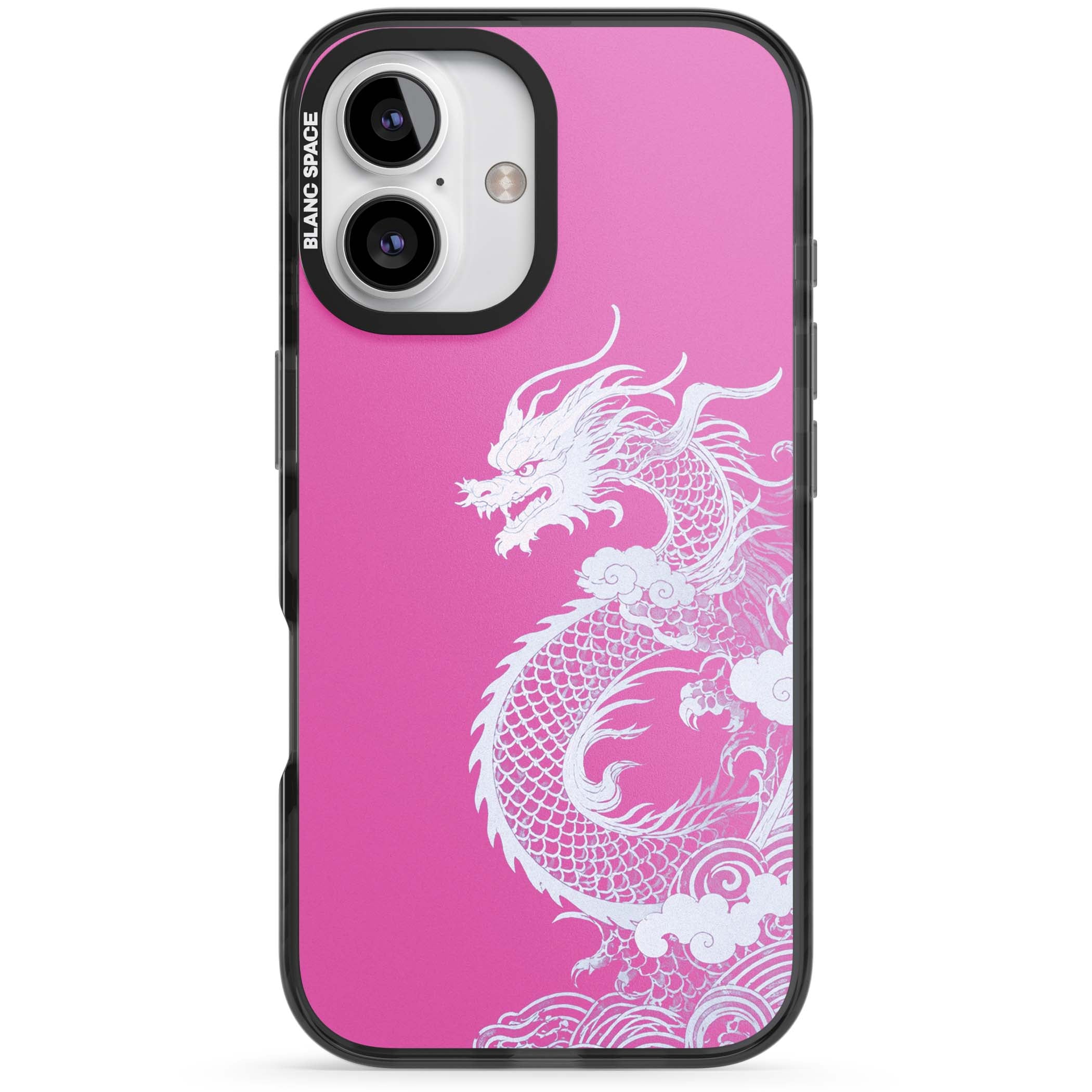 Pink Empress chinese dragon iPhone case featuring a white dragon, swirling clouds and pink dragon wallpaper backdrop | Black Impact case for iPhone 16, iPhone 16 Plus