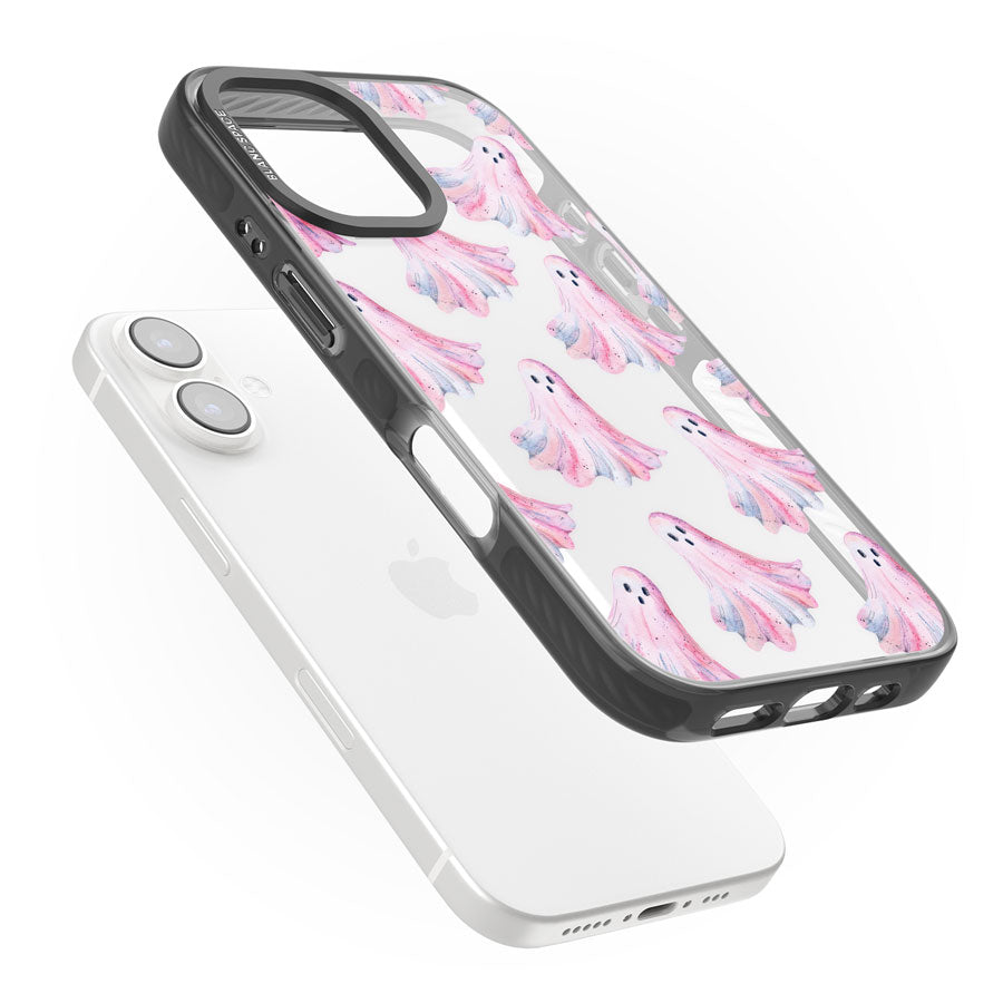 Pink Ghosts Black Impact Phone Case for iPhone 16, iPhone 16 Plus