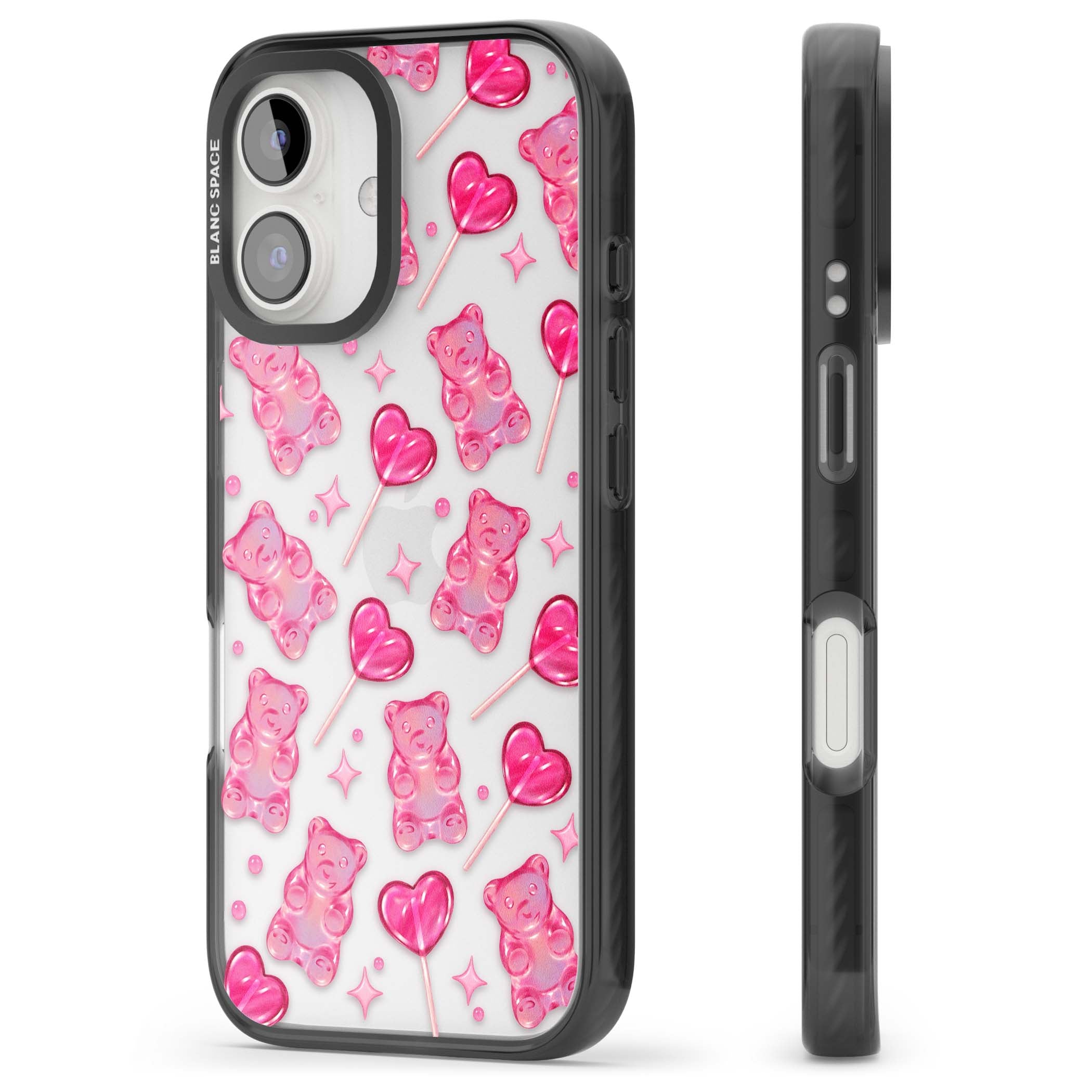 Pink Sugar pinkcore iPhone case featuring pink gummy bears, heart-shaped lollipops and sparkle stars | Black Impact case for iPhone 16, iPhone 16 Plus