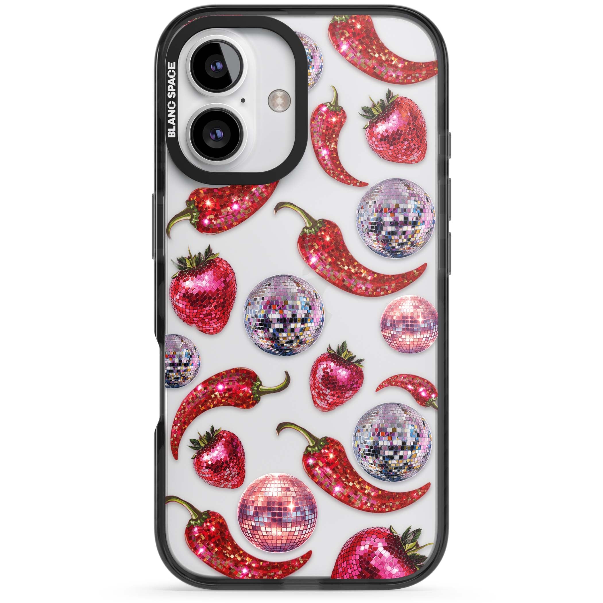 Spicy Disco Y2K iPhone case featuring glitter disco balls, sparkly strawberries and red chilli peppers | Black Impact case for iPhone 16, iPhone 16 Plus