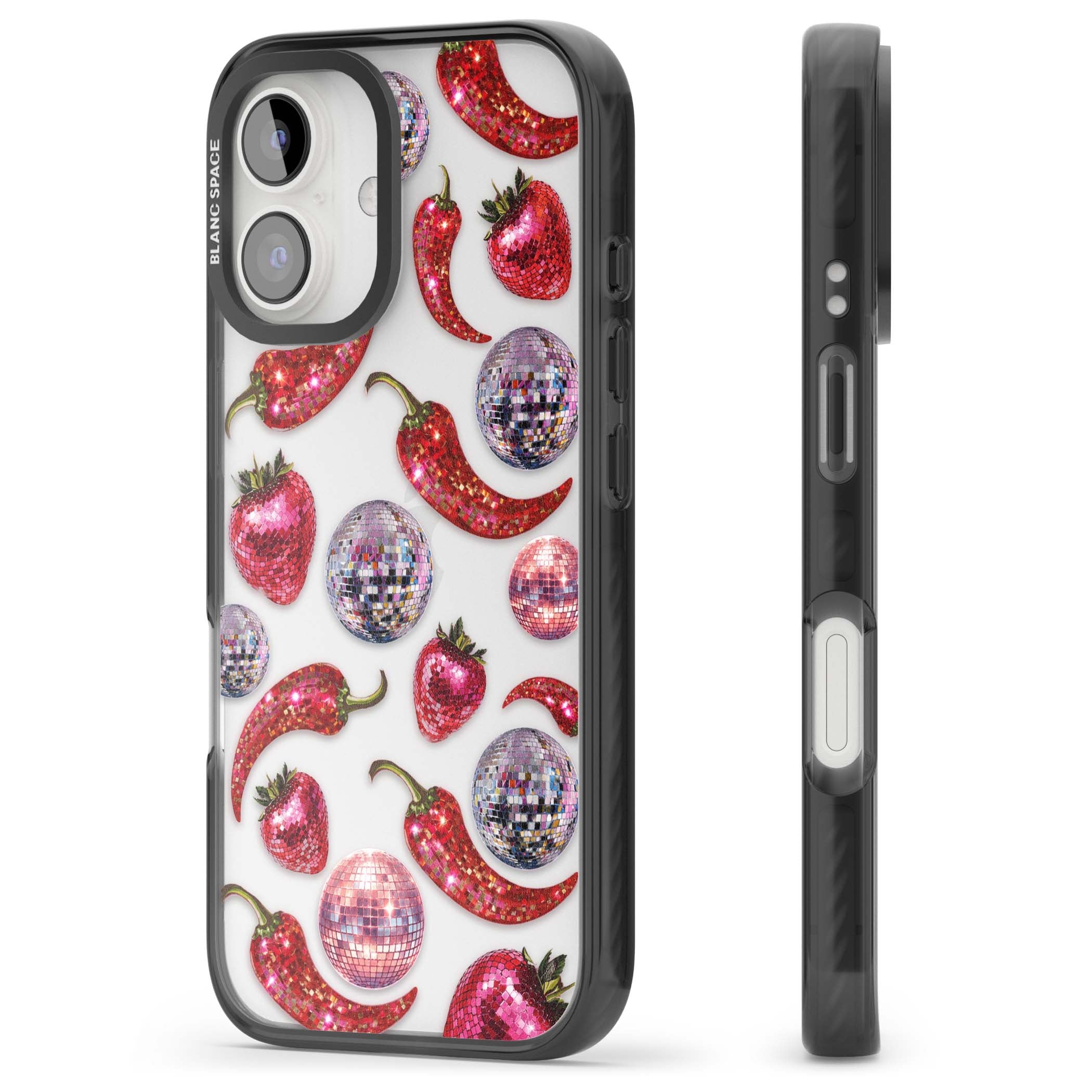 Spicy Disco Y2K iPhone case featuring glitter disco balls, sparkly strawberries and red chilli peppers | Black Impact case for iPhone 16, iPhone 16 Plus