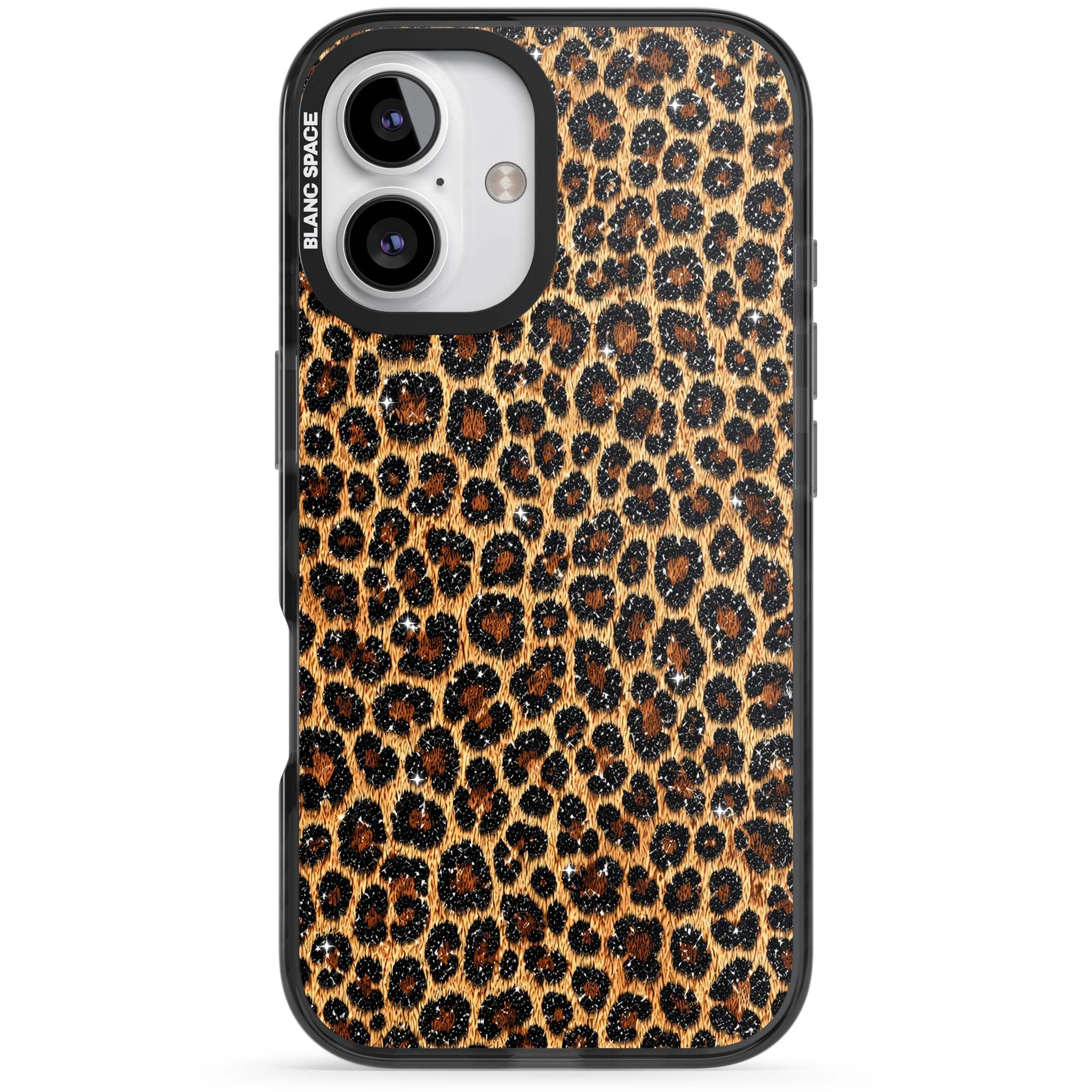 Diamond Leopard leopard print iPhone case featuring golden tan fur, black rosette spots and subtle glitter sparkle | Black Impact case for iPhone 16, iPhone 16 Plus