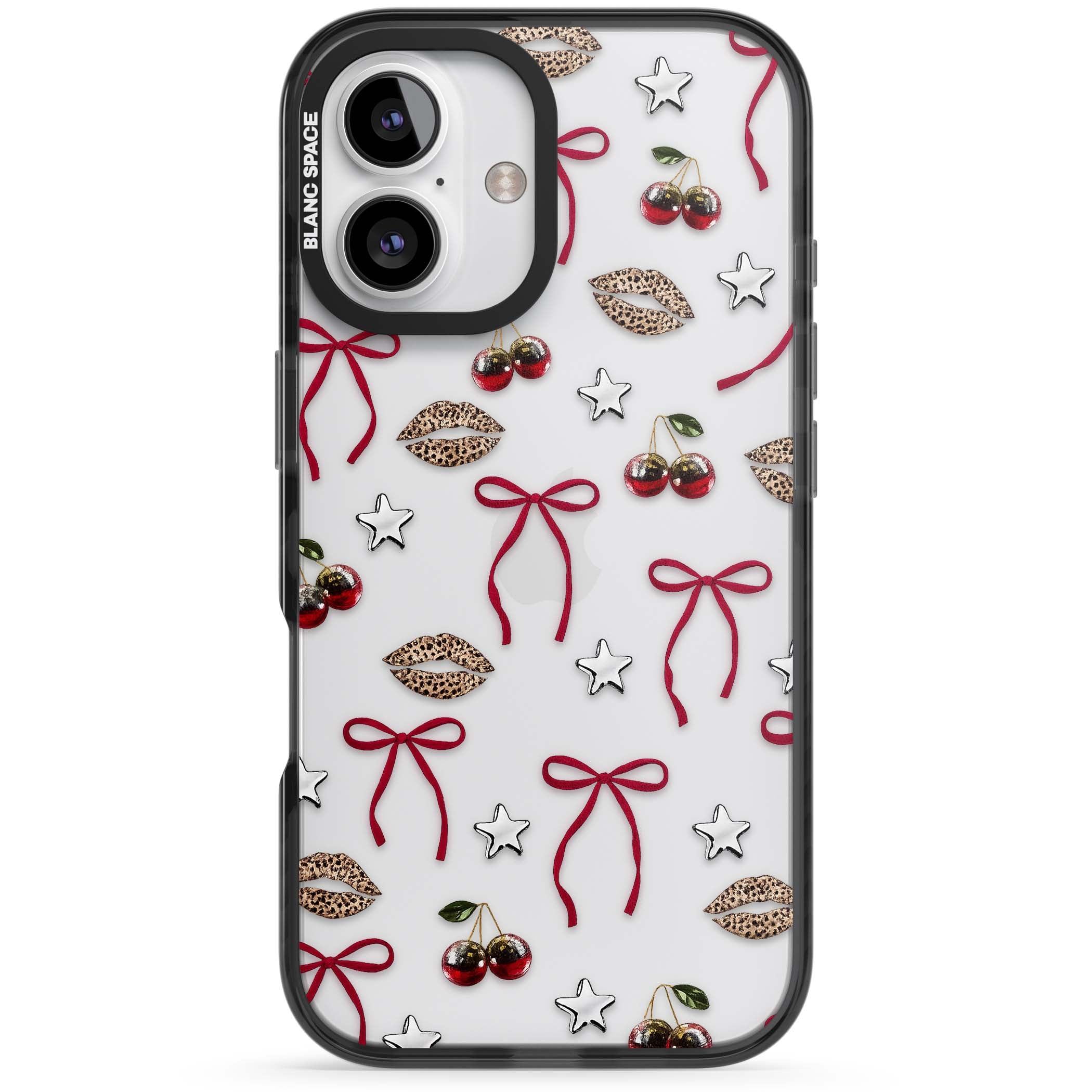 Starlet coquette iPhone case featuring red ribbon bows, disco cherries and leopard-print lips | Black Impact case for iPhone 16, iPhone 16 Plus