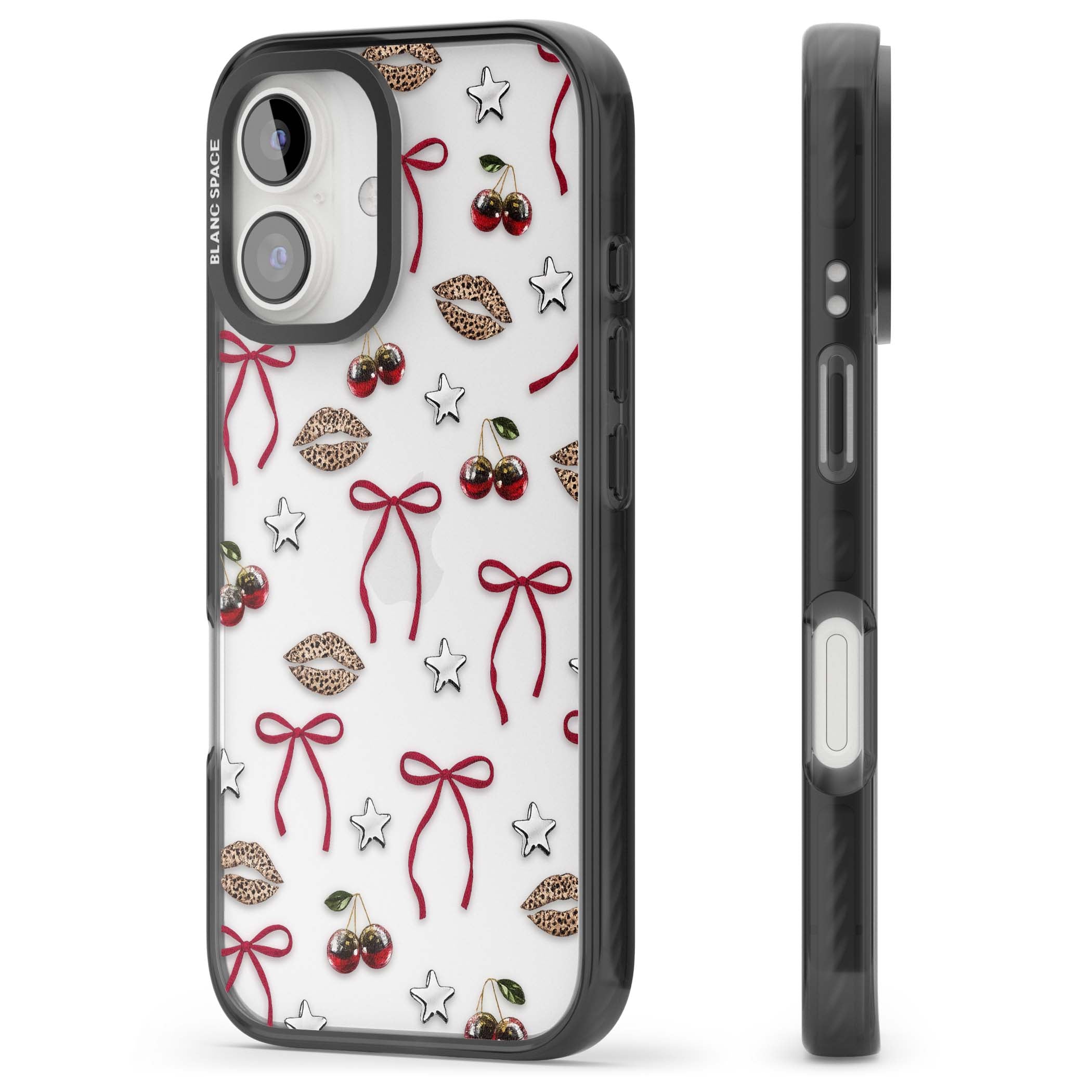 Starlet coquette iPhone case featuring red ribbon bows, disco cherries and leopard-print lips | Black Impact case for iPhone 16, iPhone 16 Plus