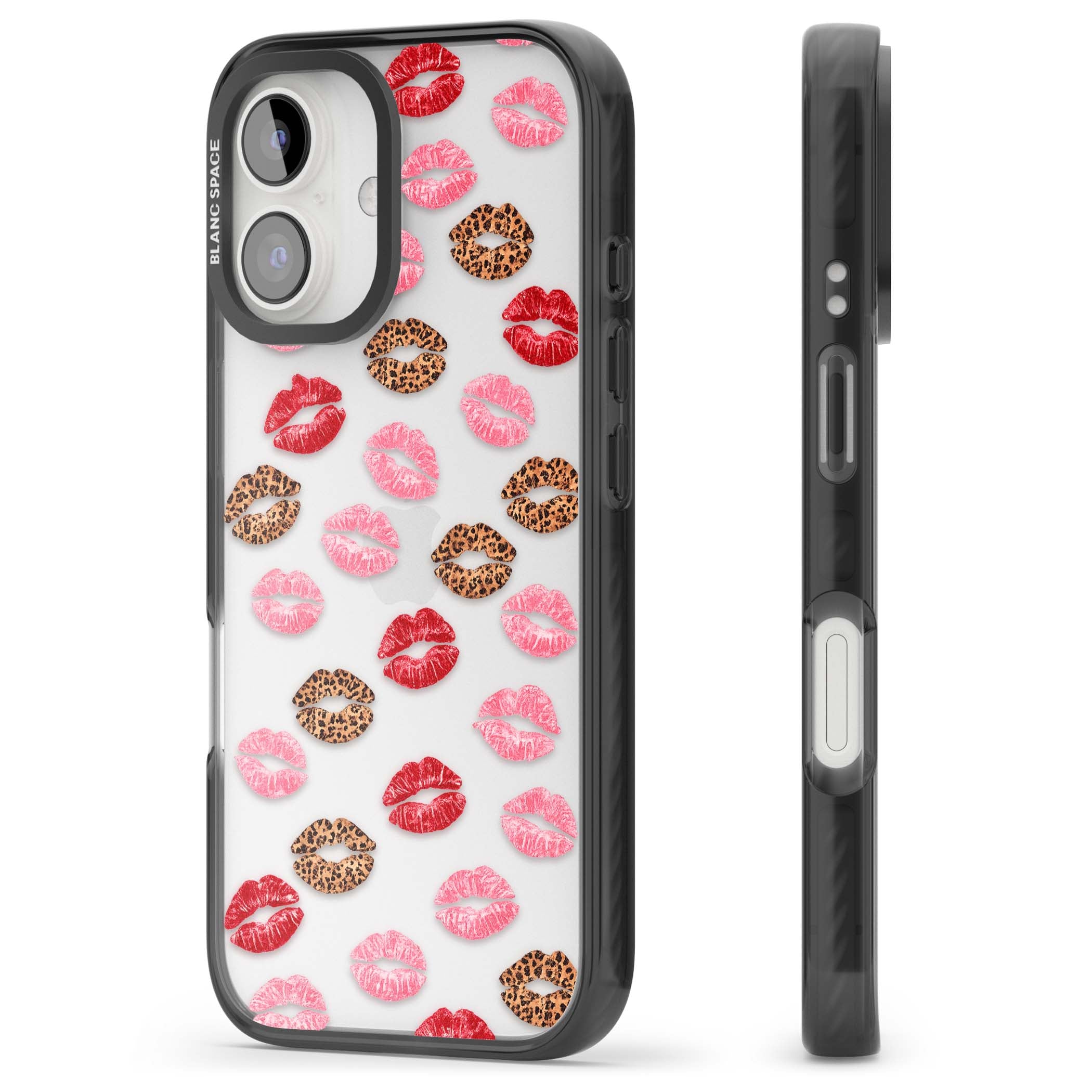 Wild Kisses coquette iPhone case featuring red, pink and leopard print lipstick kiss marks on a clear background | Black Impact case for iPhone 16, iPhone 16 Plus