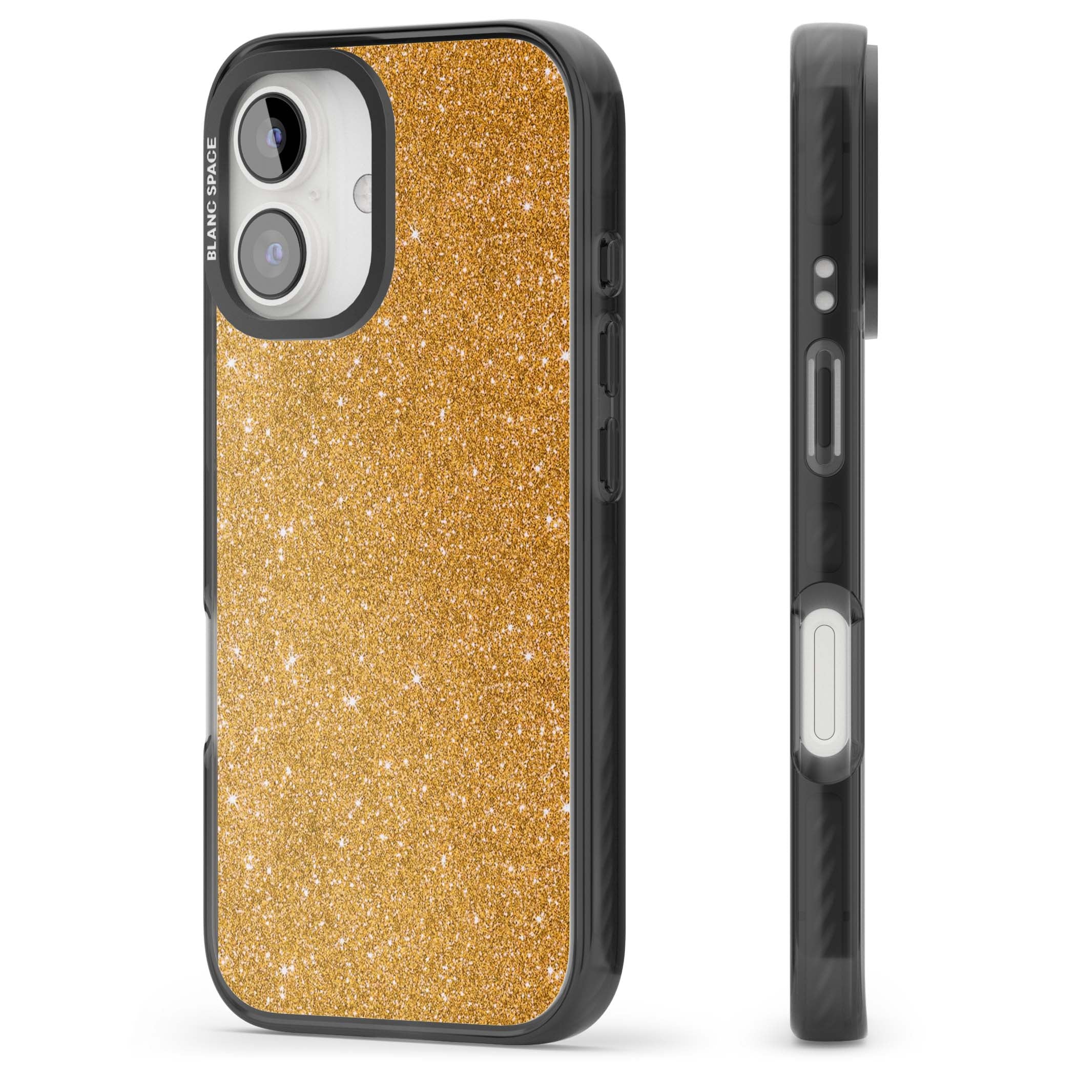 Gold Glitter gold glitter iPhone case featuring a shimmering sparkle wallpaper design in luxury gold | Black Impact case for iPhone 16, iPhone 16 Plus