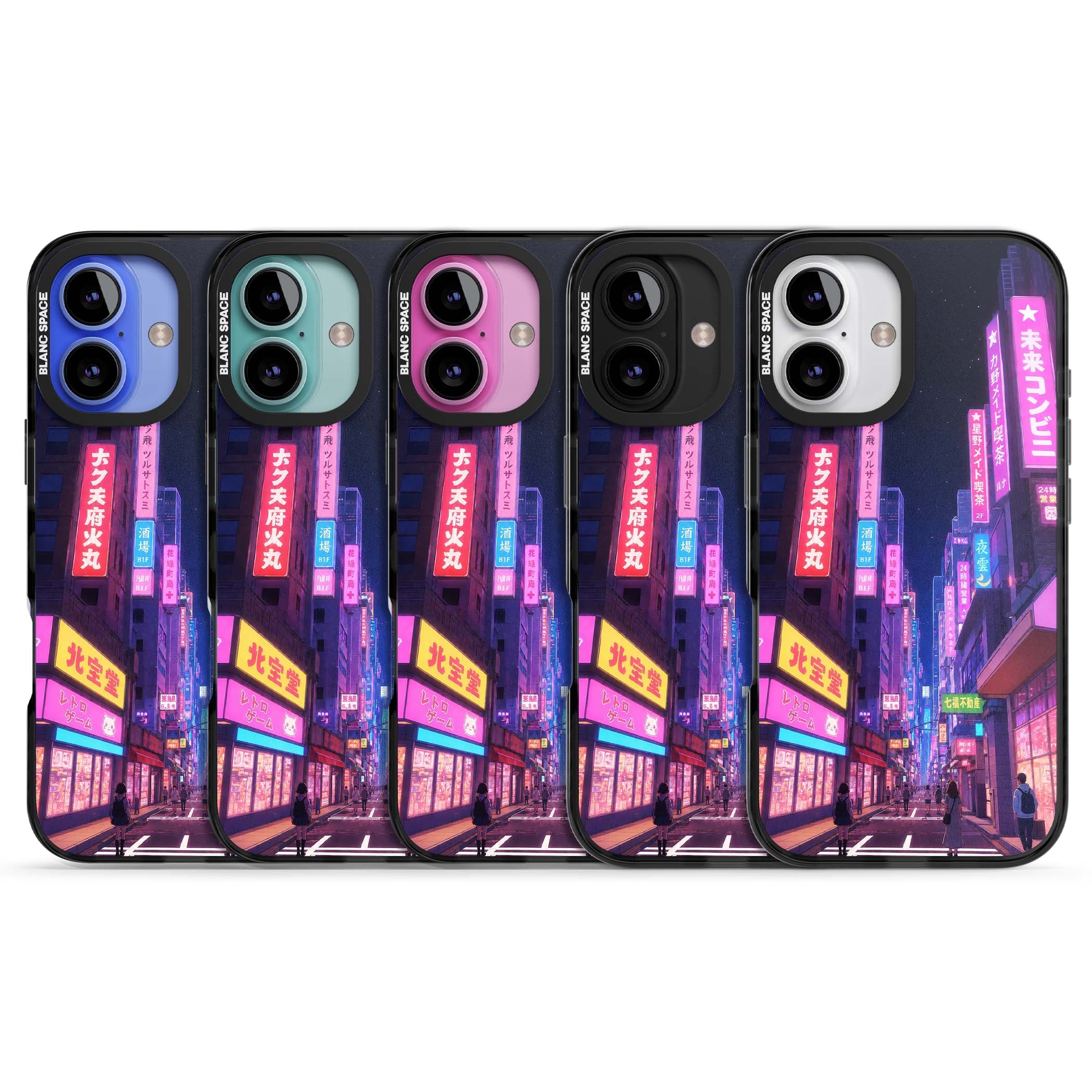 Shibuya At Night Japanese neon city iPhone case featuring glowing kanji signs, pink storefronts and a Tokyo street at n | Black Impact case for iPhone 16, iPhone 16 Plus