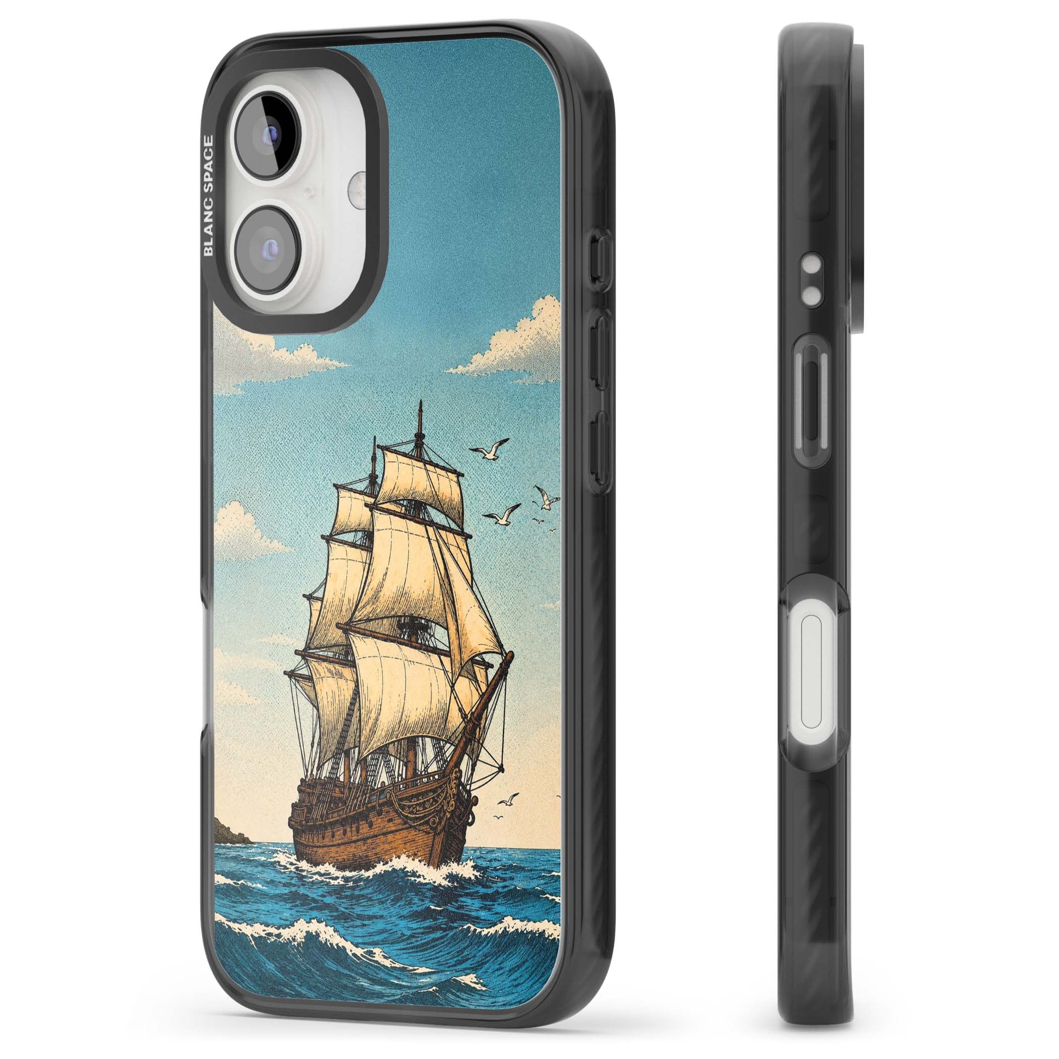 Ship at Sea nautical iPhone case featuring a vintage tall ship, ocean waves and seagulls | Black Impact case for iPhone 16, iPhone 16 Plus