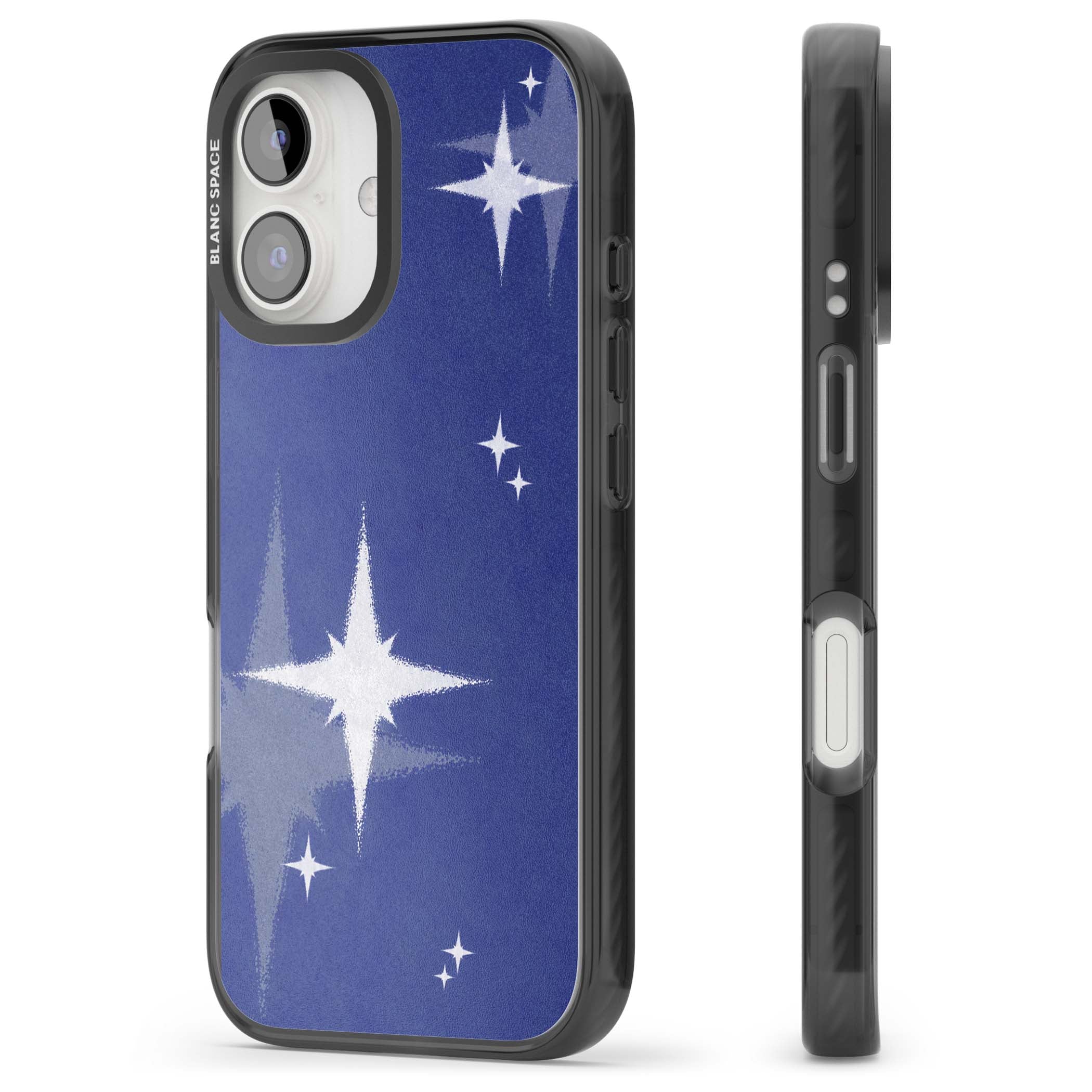 Blue Sparkle celestial iPhone case featuring sparkling silver stars on a deep blue painterly night sky | Black Impact case for iPhone 16, iPhone 16 Plus