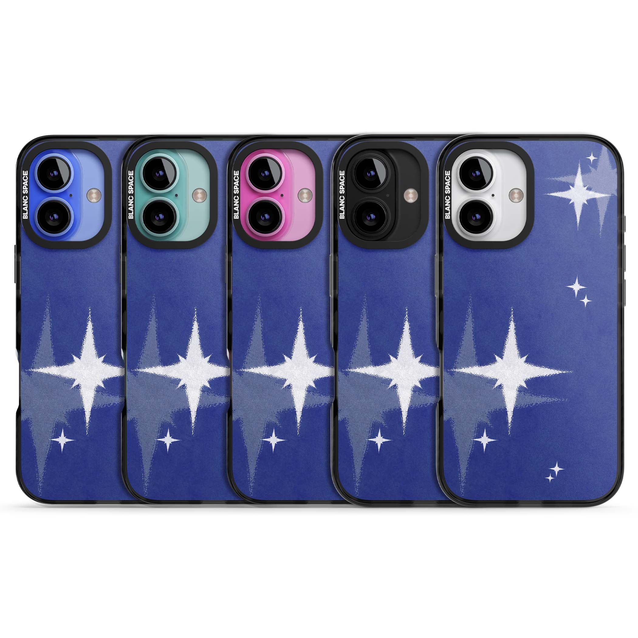 Blue Sparkle celestial iPhone case featuring sparkling silver stars on a deep blue painterly night sky | Black Impact case for iPhone 16, iPhone 16 Plus