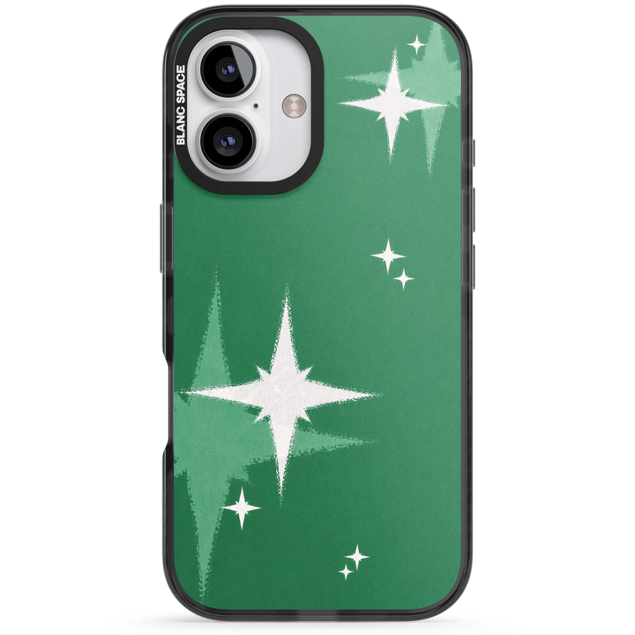 Green Sparkle celestial iPhone case featuring sparkling white four-point stars on a deep green background | Black Impact case for iPhone 16, iPhone 16 Plus
