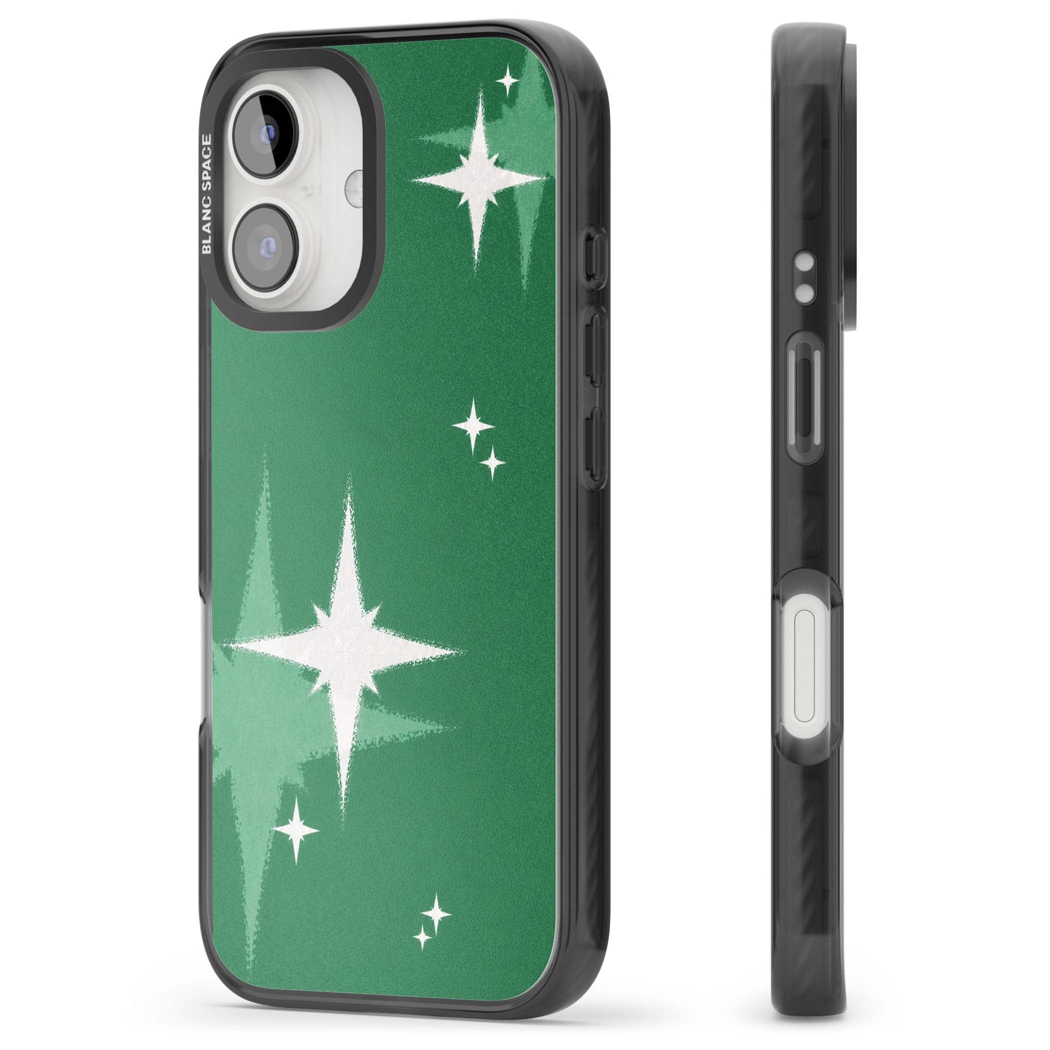 Green Sparkle celestial iPhone case featuring sparkling white four-point stars on a deep green background | Black Impact case for iPhone 16, iPhone 16 Plus