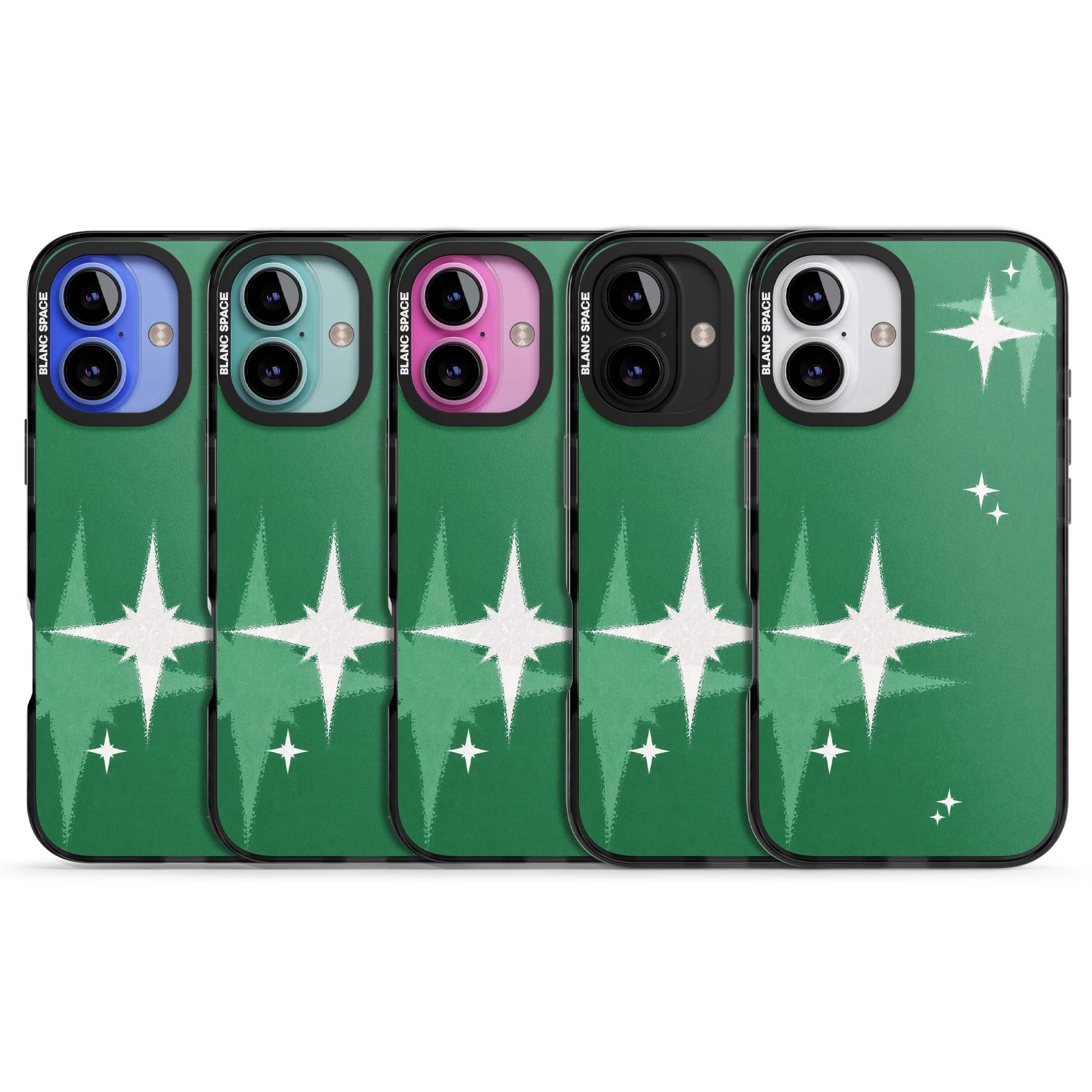 Green Sparkle celestial iPhone case featuring sparkling white four-point stars on a deep green background | Black Impact case for iPhone 16, iPhone 16 Plus