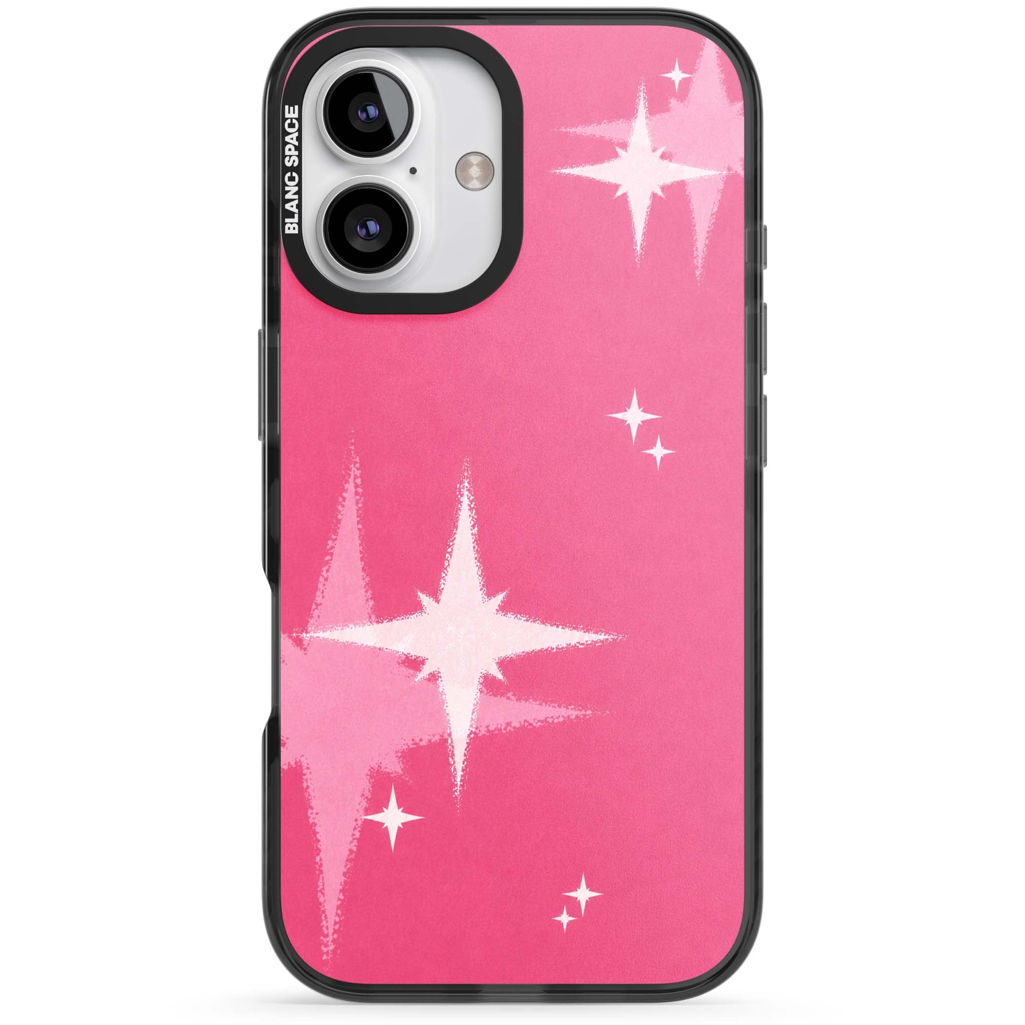 Pink Sparkle Y2K iPhone case featuring hot pink background with shimmering white starburst pattern | Black Impact case for iPhone 16, iPhone 16 Plus