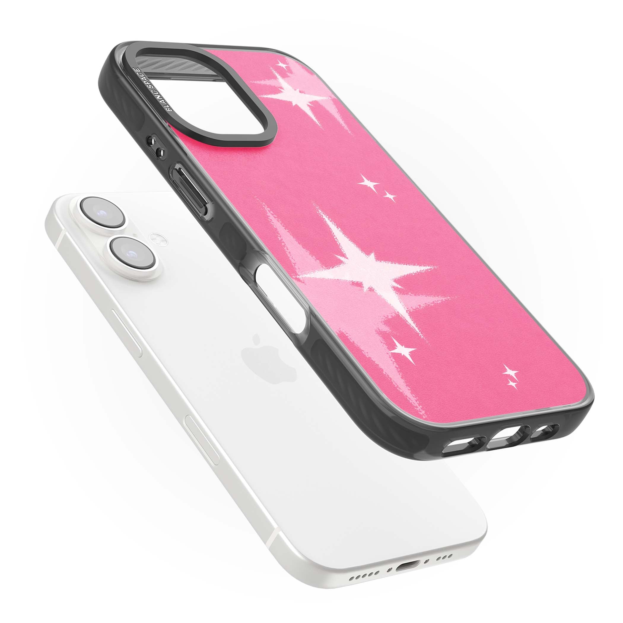 Pink Sparkle Y2K iPhone case featuring hot pink background with shimmering white starburst pattern | Black Impact case for iPhone 16, iPhone 16 Plus