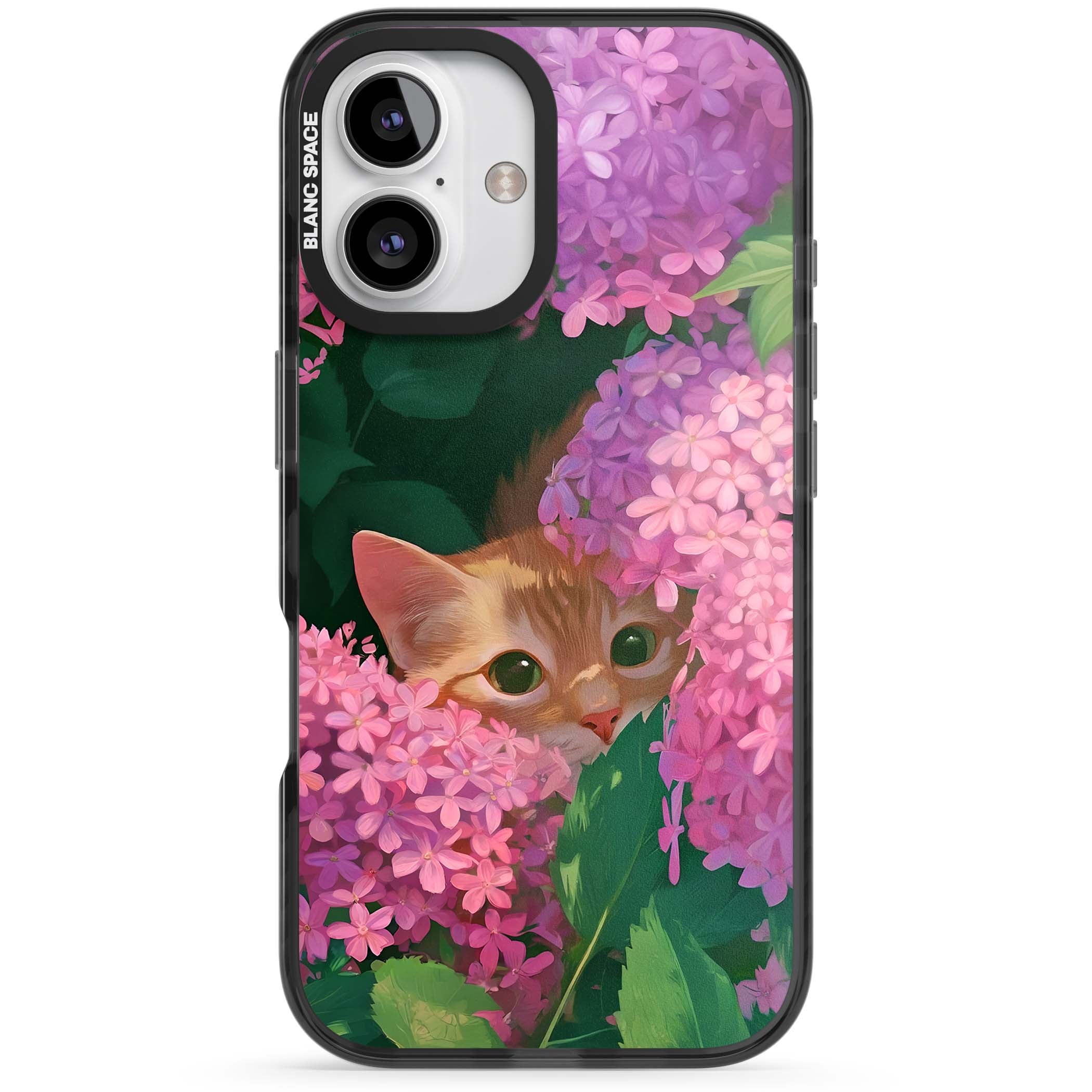 Cat In Pink Flowers cottagecore iPhone case featuring a ginger kitten peeking through lilac and pink hydrangea flo | Black Impact case for iPhone 16, iPhone 16 Plus