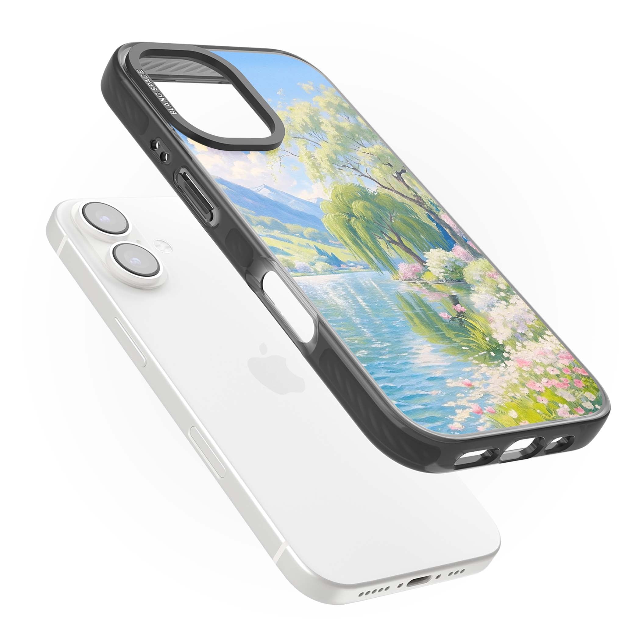 Willow Lake cottagecore iPhone case featuring a painted lakeside with weeping willow, blossoms and distant mountains | Black Impact case for iPhone 16, iPhone 16 Plus