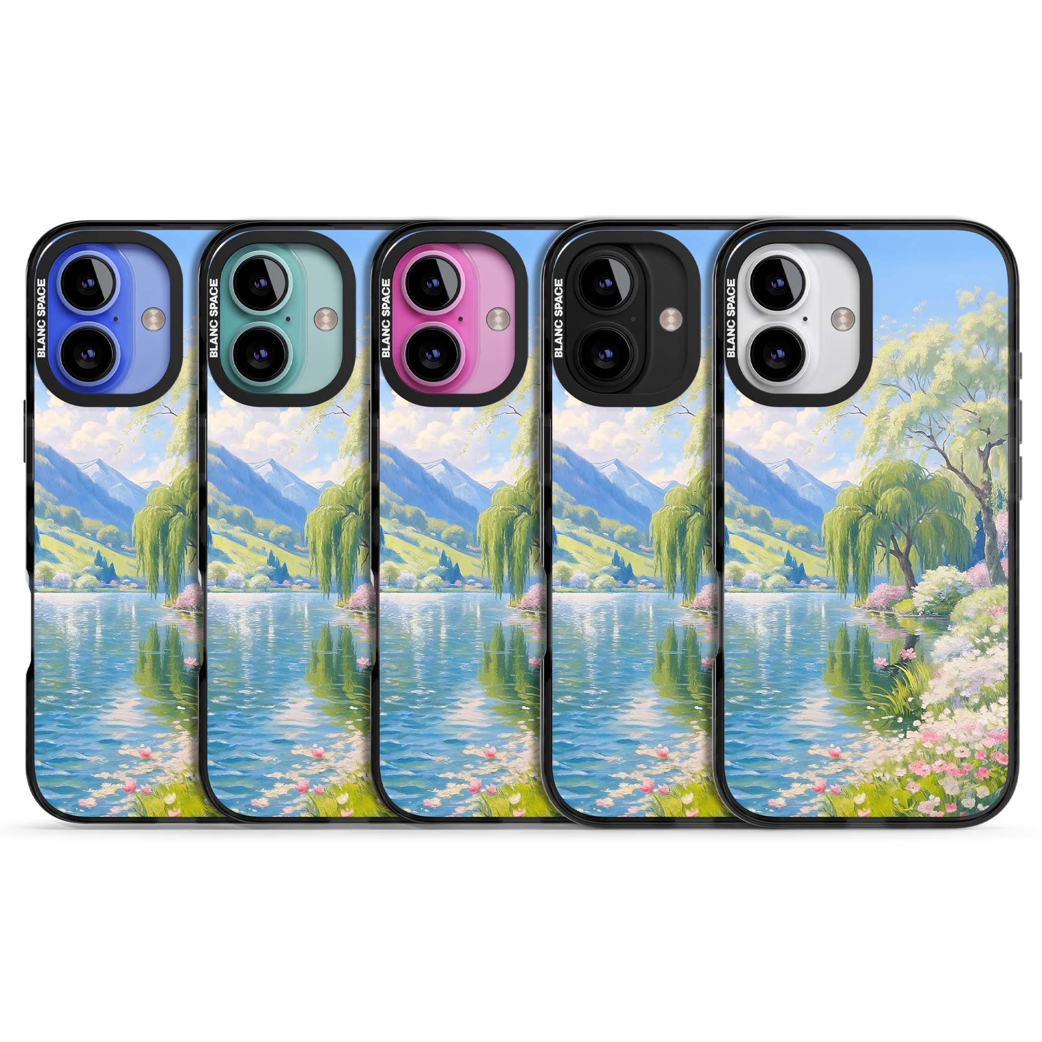 Willow Lake cottagecore iPhone case featuring a painted lakeside with weeping willow, blossoms and distant mountains | Black Impact case for iPhone 16, iPhone 16 Plus