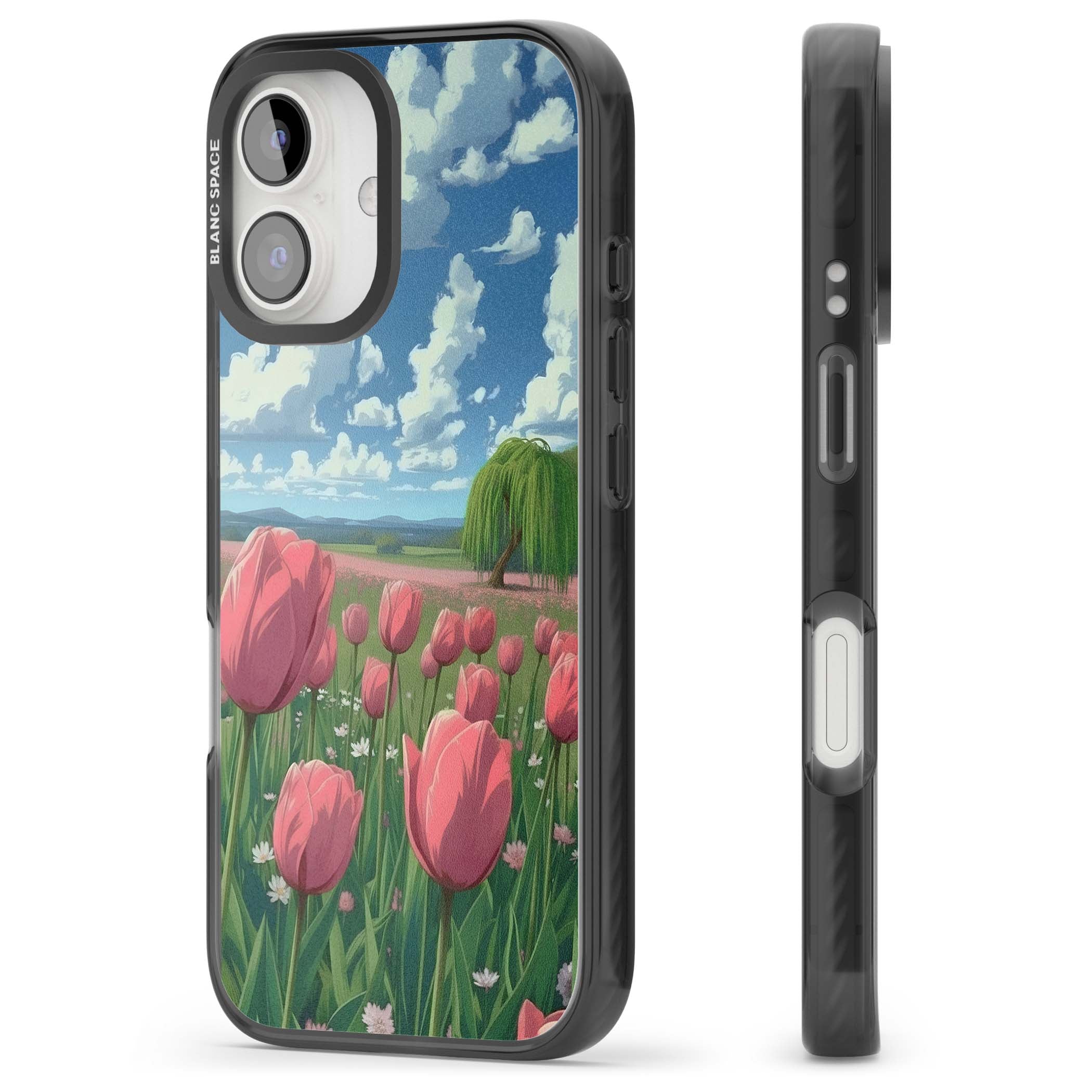 Willow By The Pink Tulips floral iPhone case | Black Impact case for iPhone 16, iPhone 16 Plus