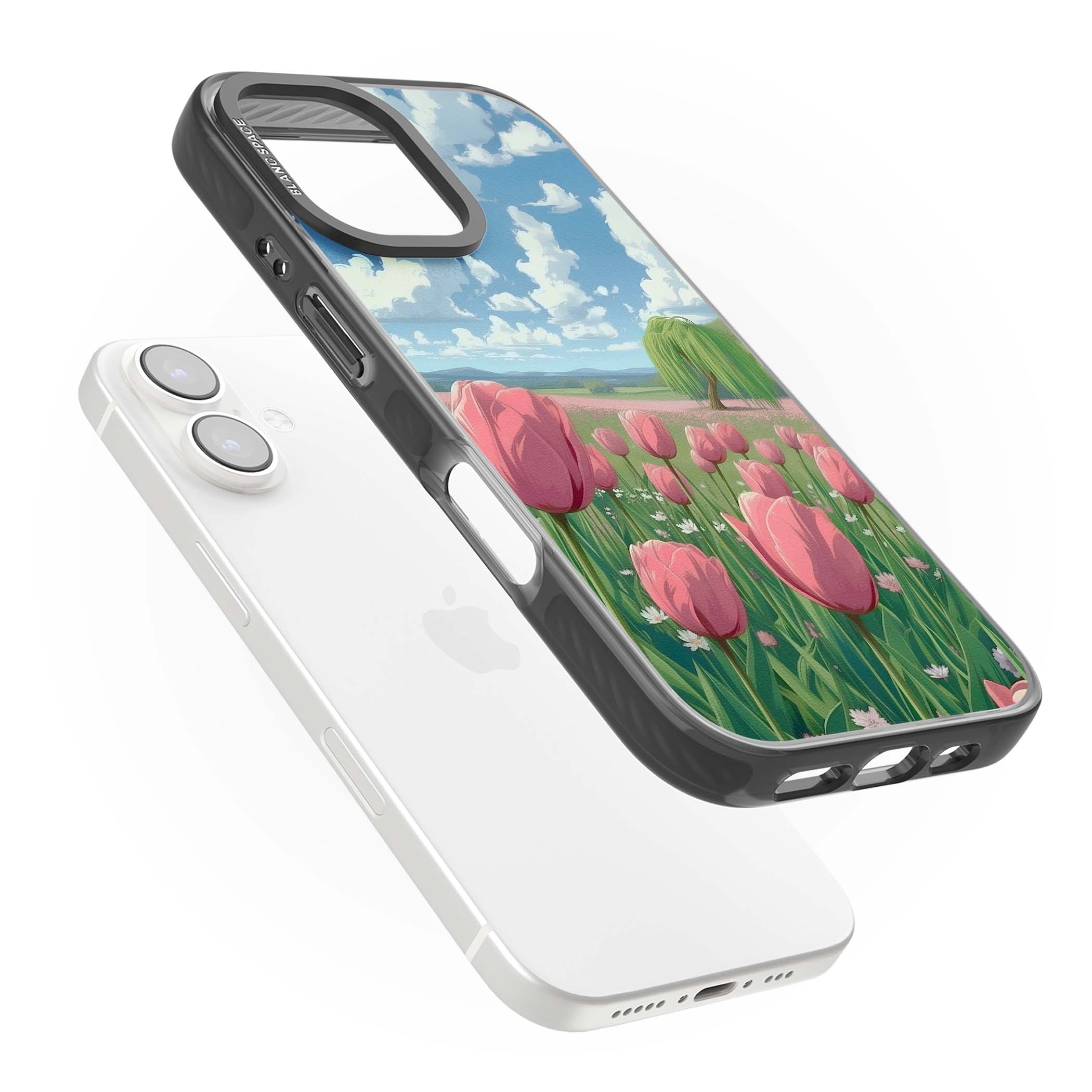 Willow By The Pink Tulips floral iPhone case | Black Impact case for iPhone 16, iPhone 16 Plus
