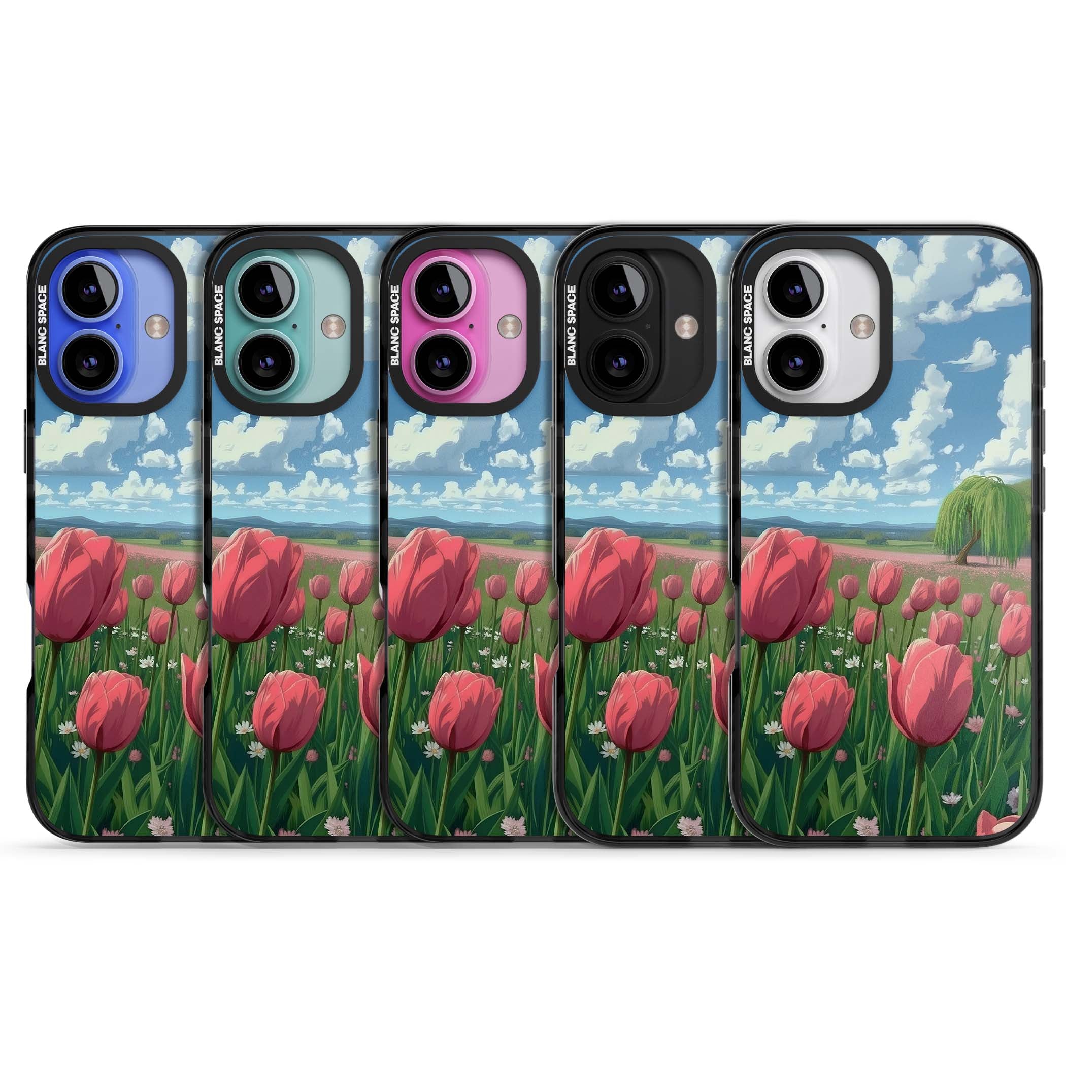 Willow By The Pink Tulips floral iPhone case | Black Impact case for iPhone 16, iPhone 16 Plus
