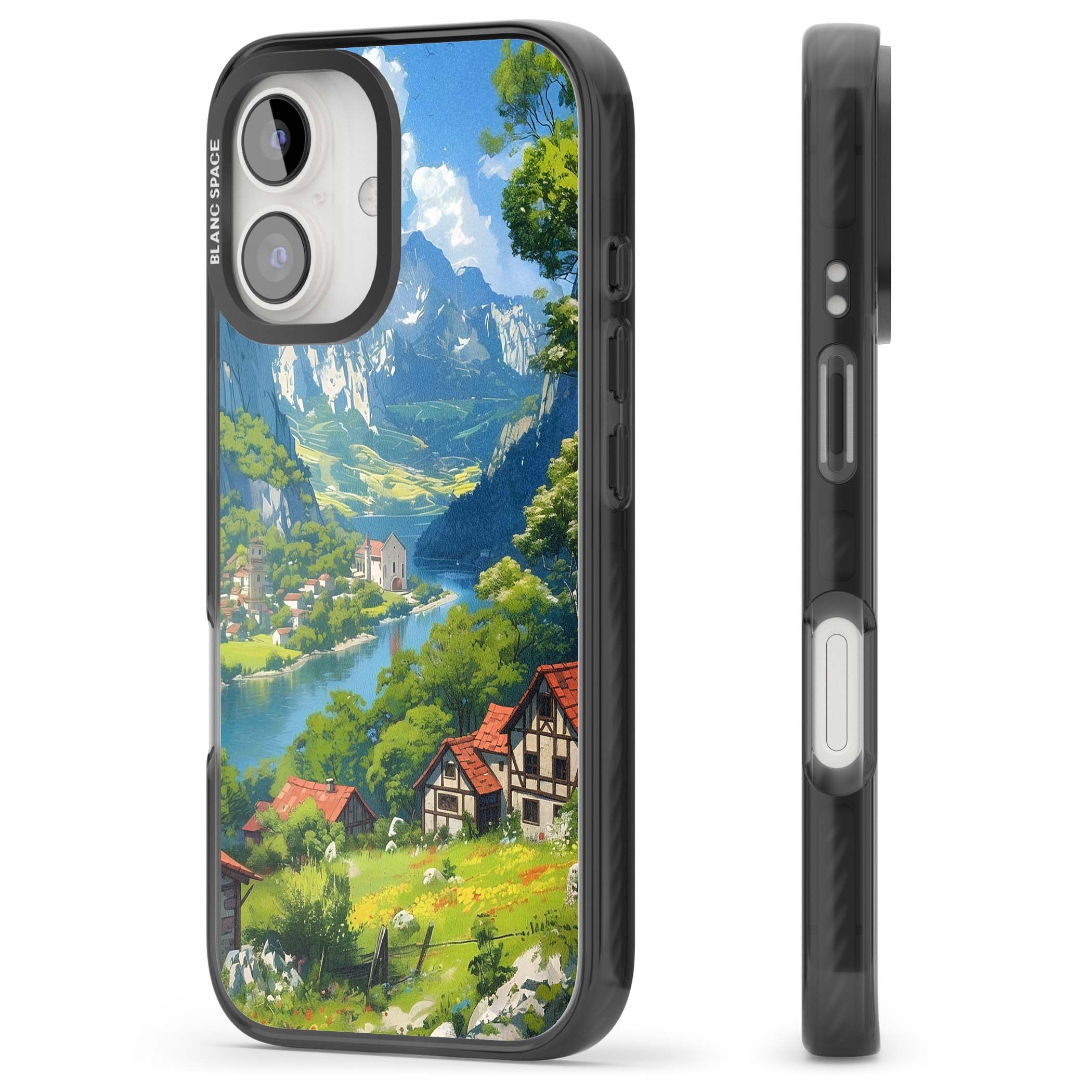 Village In The Valley anime iPhone case featuring a painted mountain village, river valley and half-timbered cottages. | Black Impact case for iPhone 16, iPhone 16 Plus