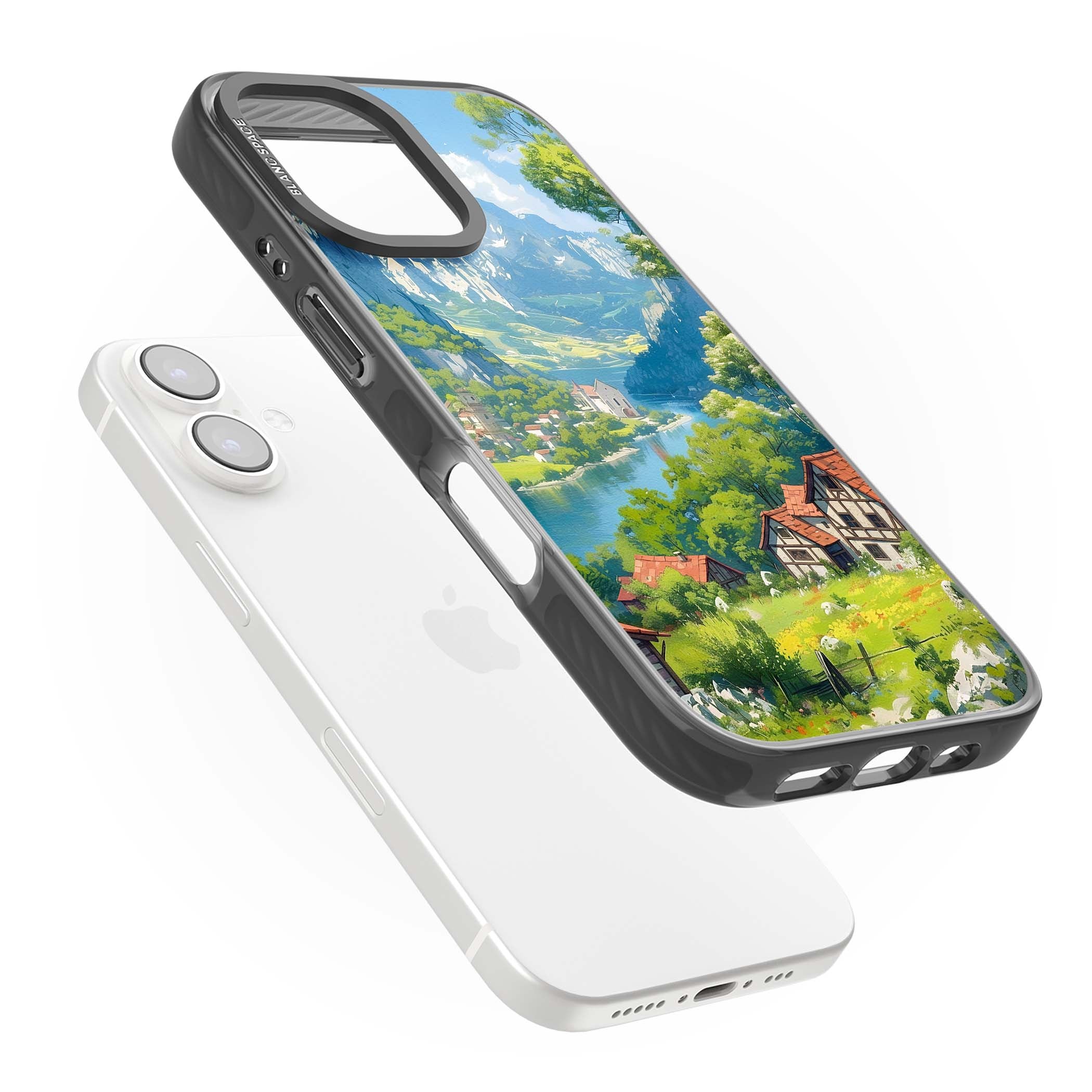 Village In The Valley anime iPhone case featuring a painted mountain village, river valley and half-timbered cottages. | Black Impact case for iPhone 16, iPhone 16 Plus