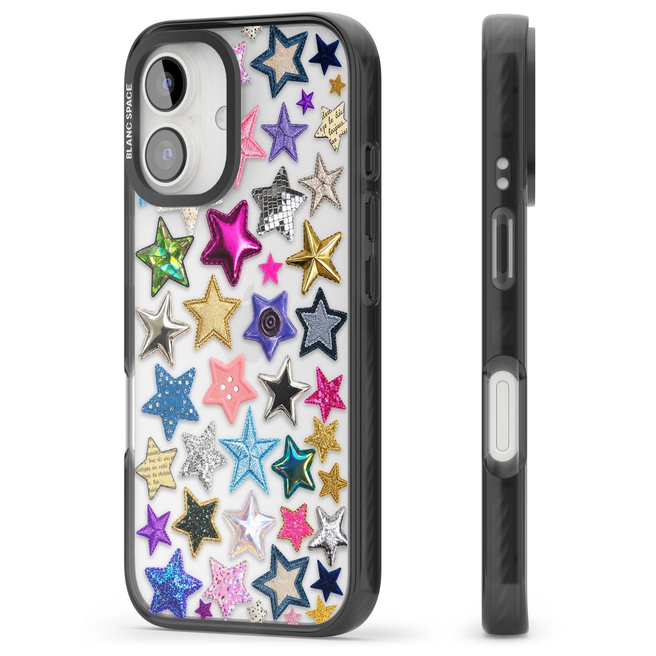 Crafty Star Mix Y2K iPhone case featuring embroidered, sequinned and glitter star patches in rainbow colours | Black Impact case for iPhone 16, iPhone 16 Plus