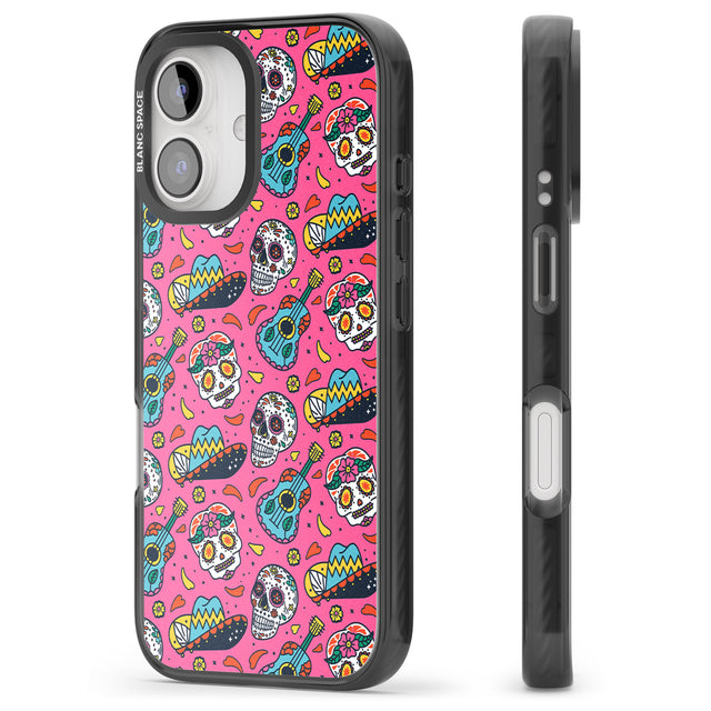 iPhone 16 Pro Max Pink Day of The Dead Pattern Black Impact Phone Case