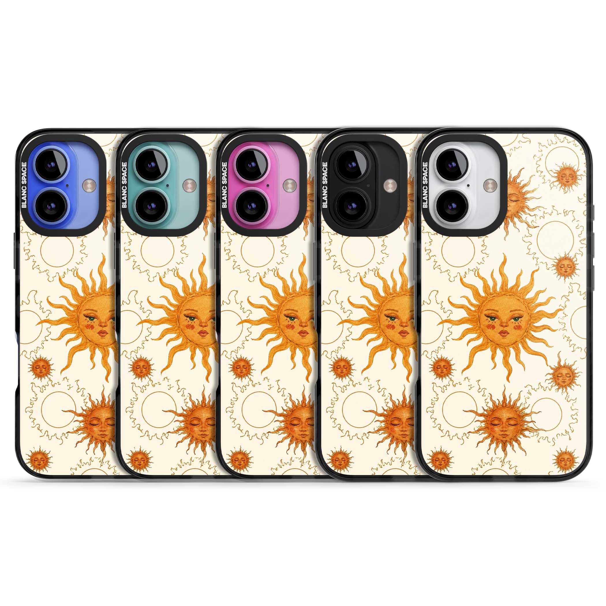 Solstice Muse celestial iPhone case featuring hand-painted golden sun faces, closed-eye sun goddesses and outlined moons... | Black Impact case for iPhone 16, iPhone 16 Plus